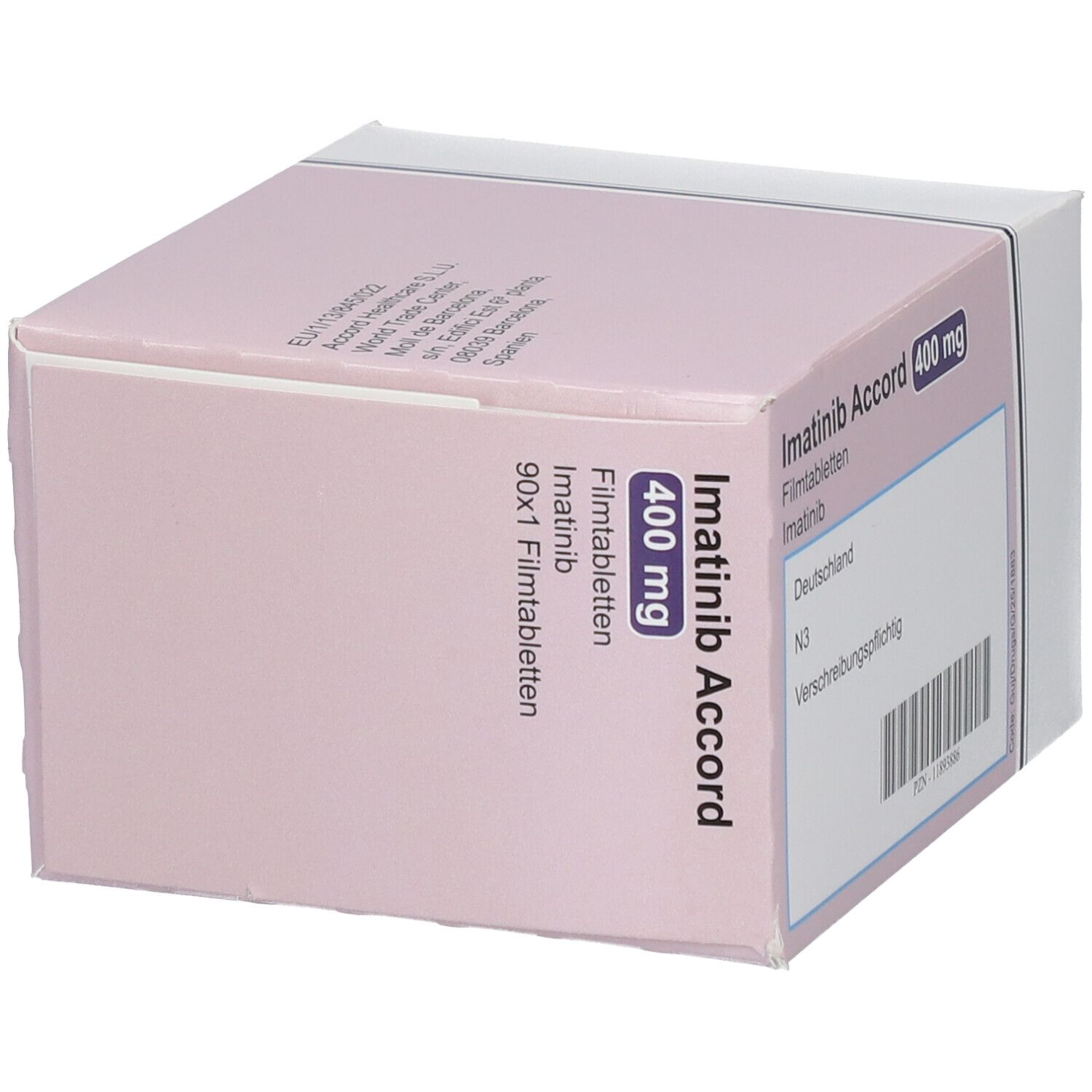 Schachtel Imatinib Accord 400 mg Filmtabletten. Ansicht der Verpackung.