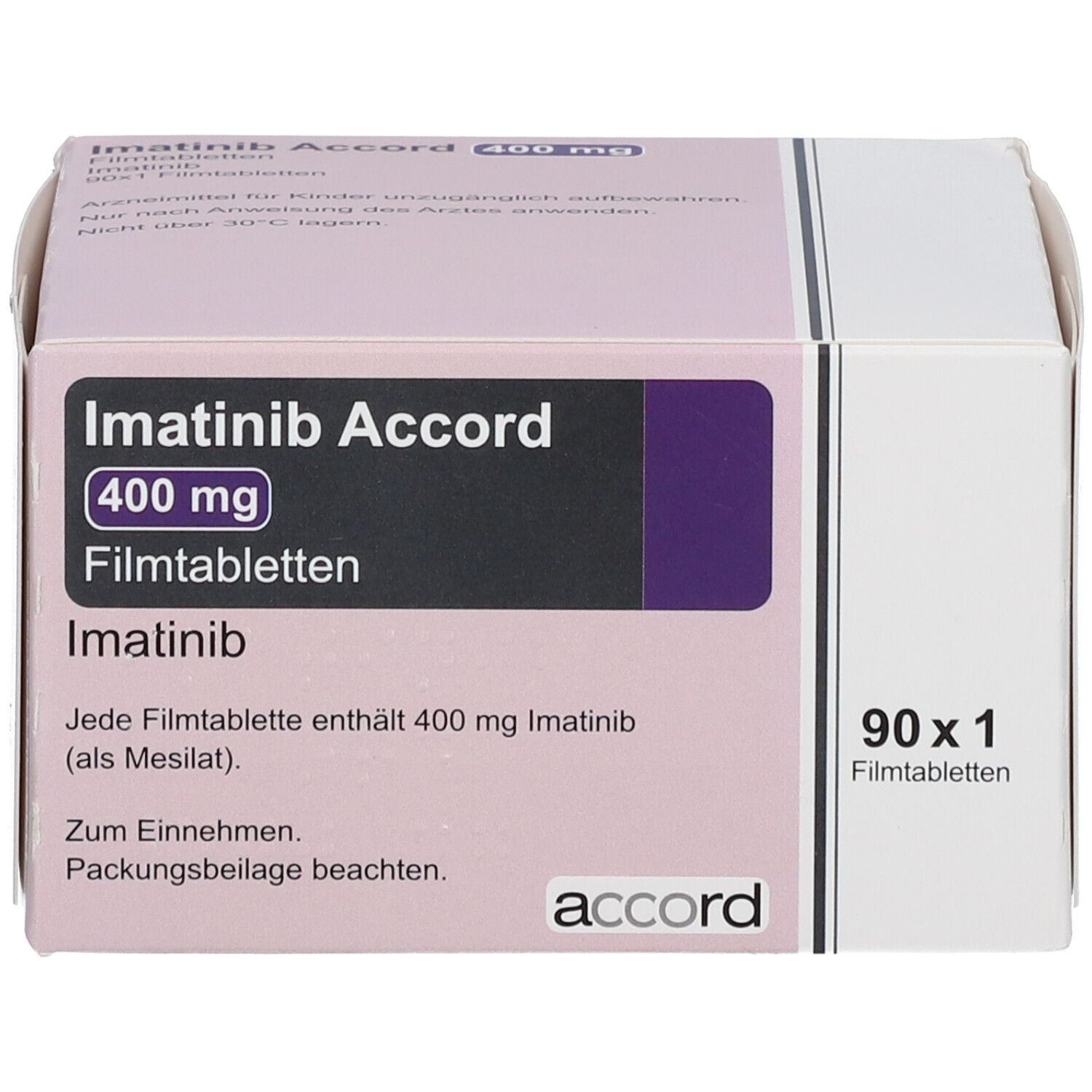 Schachtel Imatinib Accord 400 mg Filmtabletten. 90 Tabletten. Marke Accord.