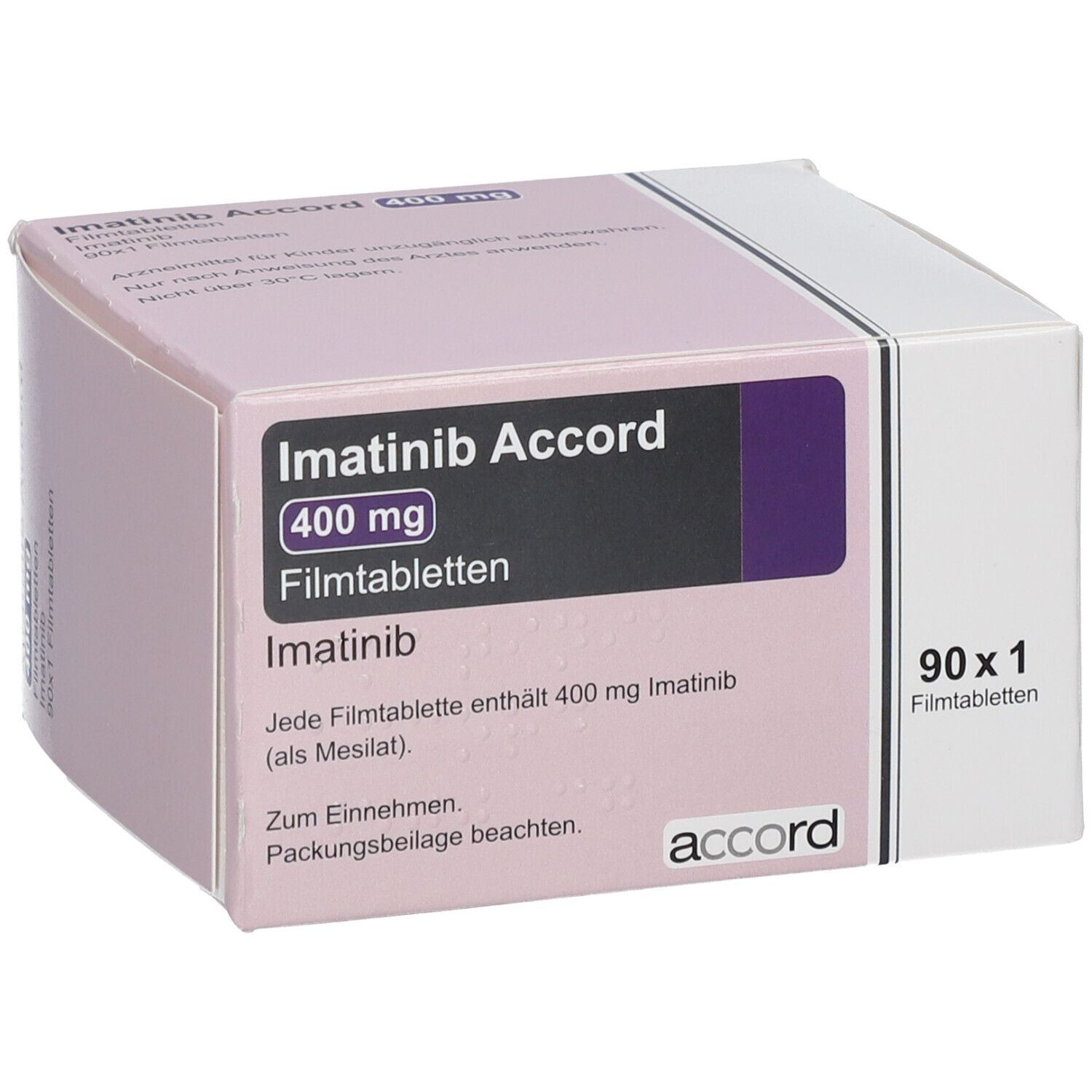 Schachtel Imatinib Accord 400 mg Filmtabletten. 90 Tabletten. Marke Accord.