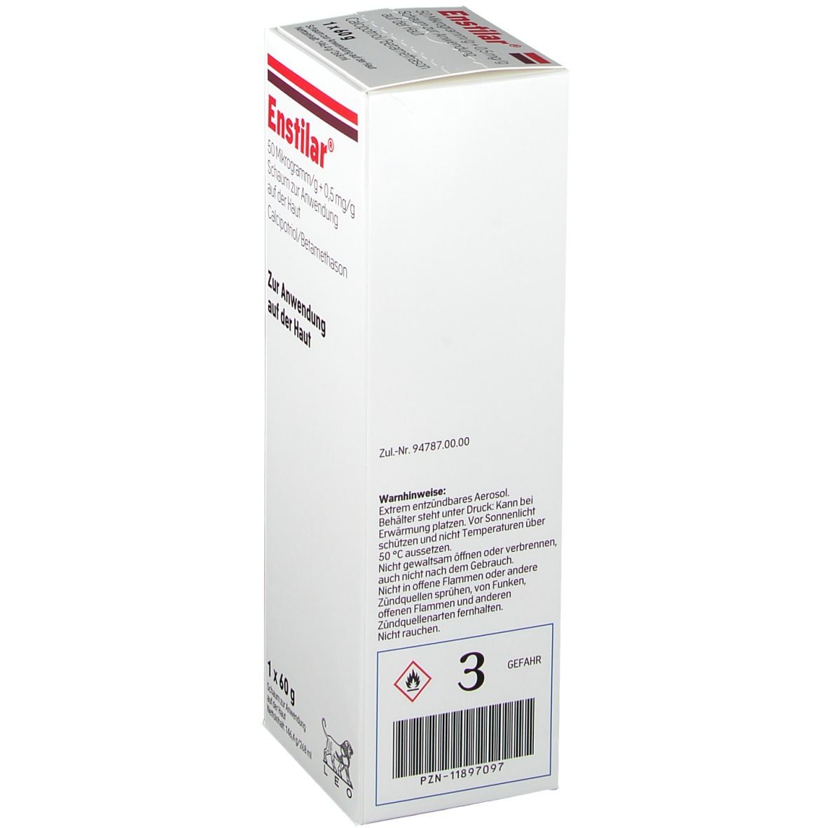 Rückseite der weißen Schachtel. Rote Schrift. Warnhinweise, Gefahrensymbol, Barcode und PZN-Nummer.