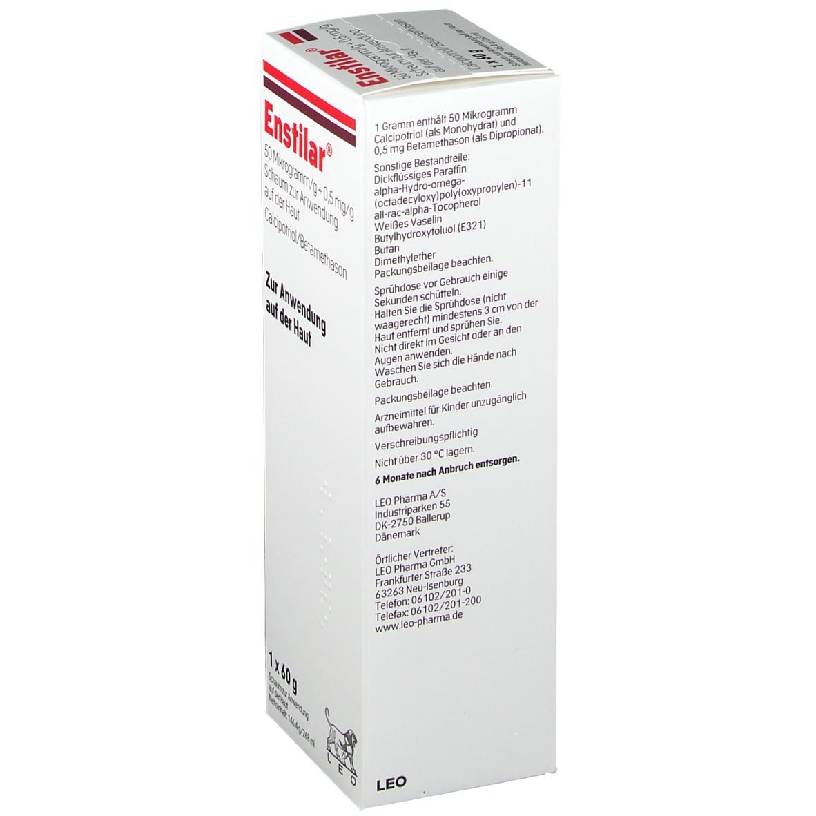 Weiße Schachtel mit roter Schrift. Enstilar® und Informationen. Inhaltsstoffe und Anwendungshinweise.