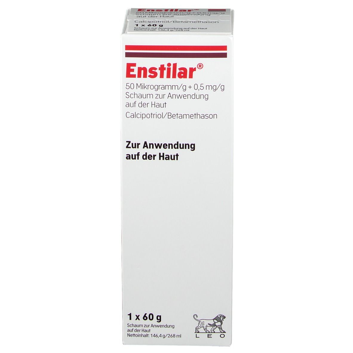 Weiße Schachtel mit roter Schrift. Enstilar® und Informationen. Unten: 1 x 60 g. Logo.