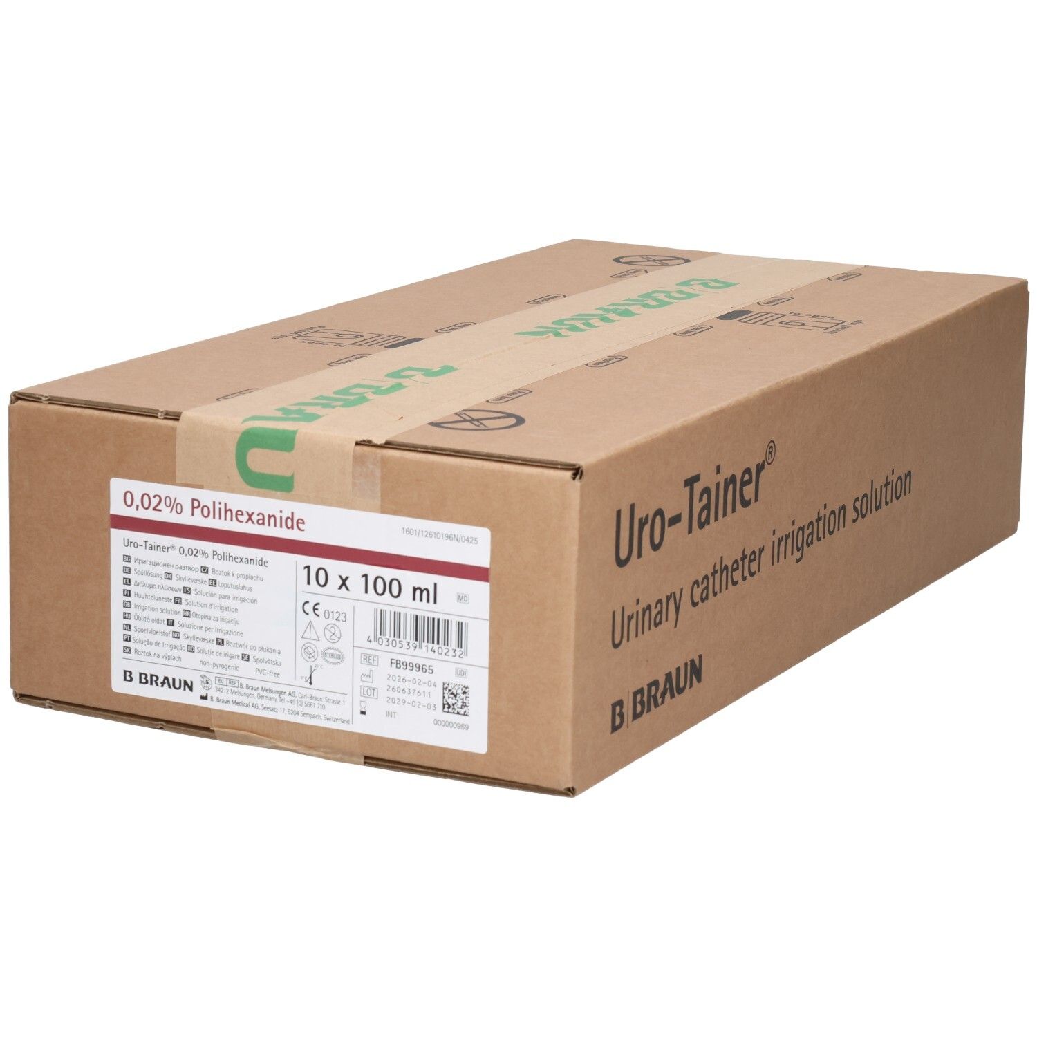 Karton mit Produktinformationen. Uro-Tainer 0,02% Polihexanid, 10 x 100 ml. B. Braun. Medizinprodukt.