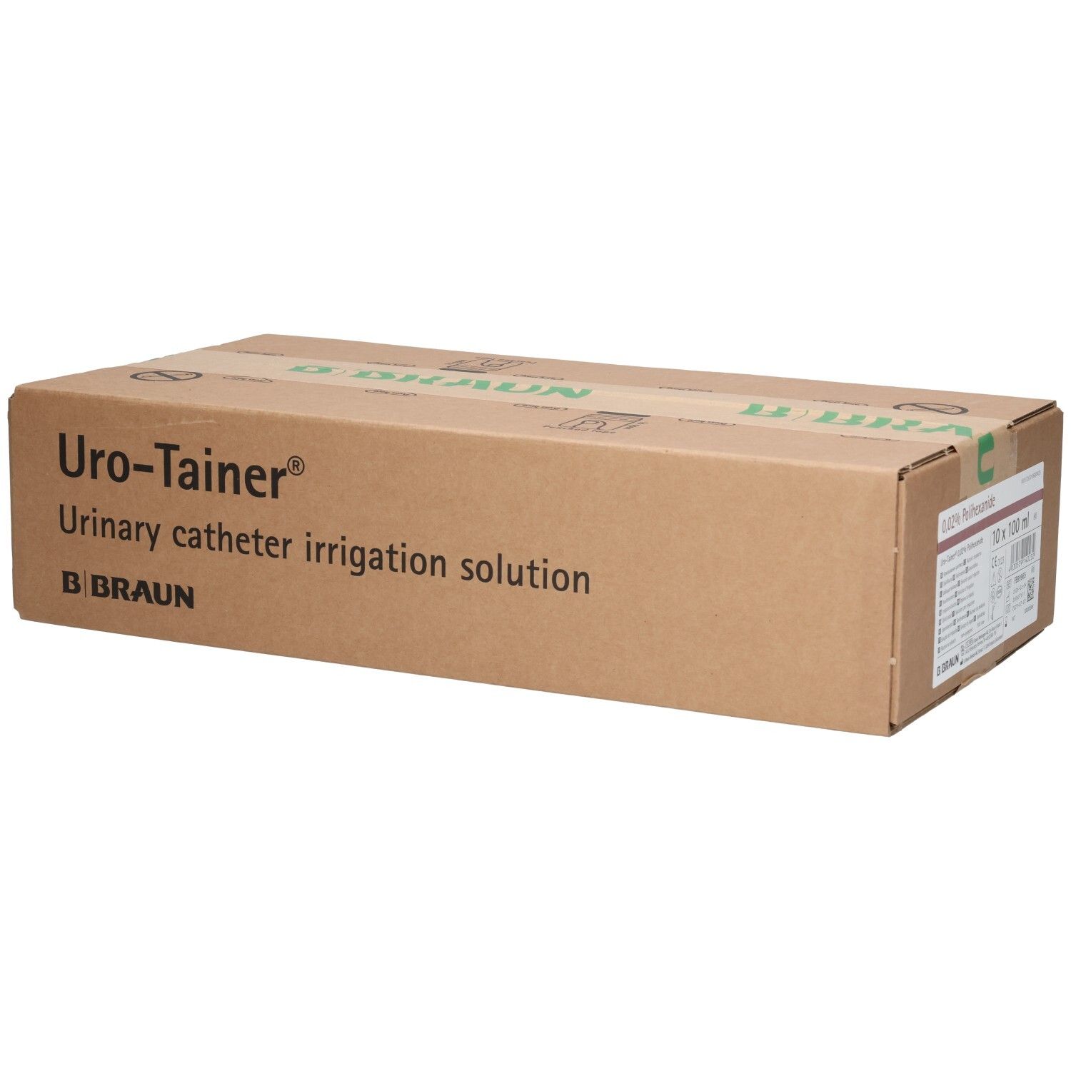 Karton mit Produktaufdruck. Uro-Tainer, Katheter-Spüllösung. B. Braun. Braune Verpackung.