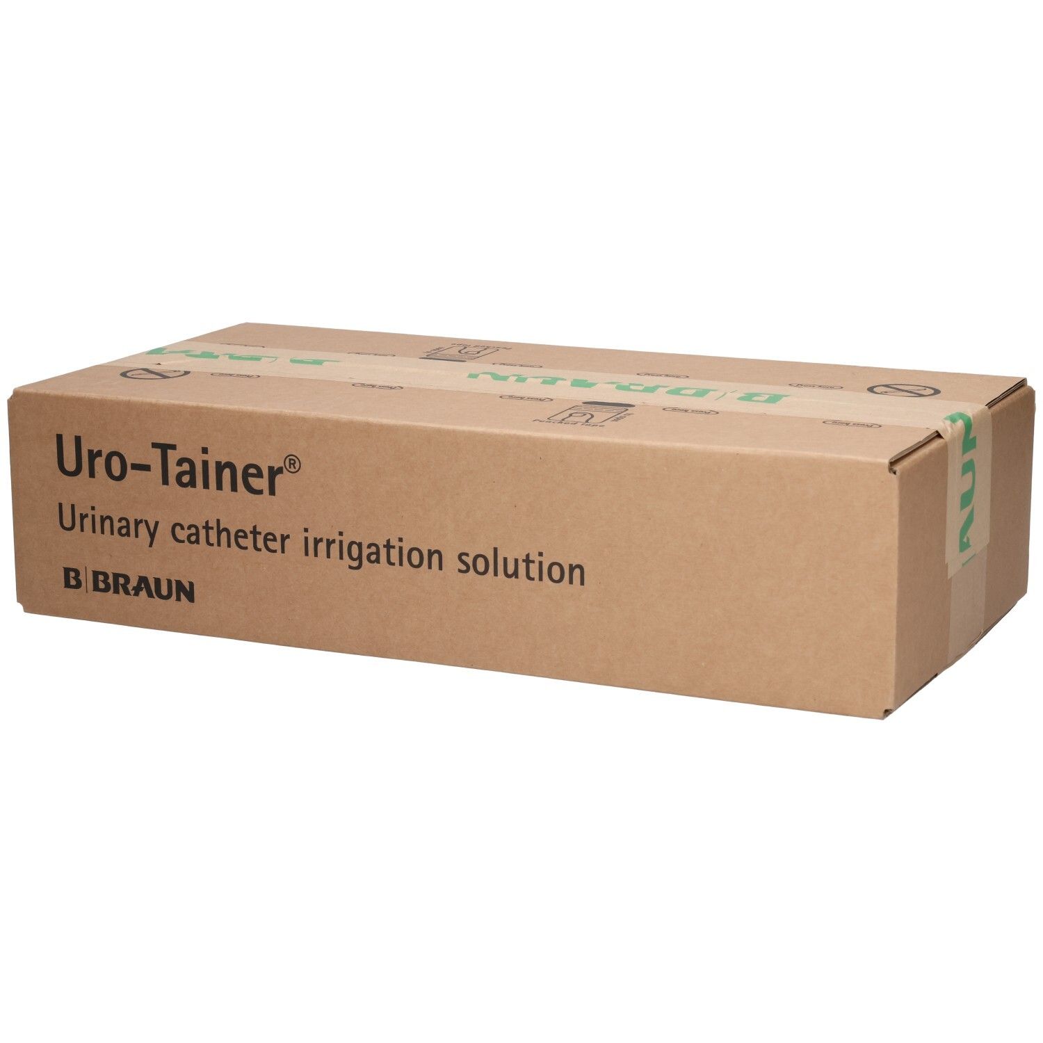 Brauner Karton mit Produktaufdruck. Uro-Tainer, Katheter-Spüllösung. B. Braun. Verpackung.