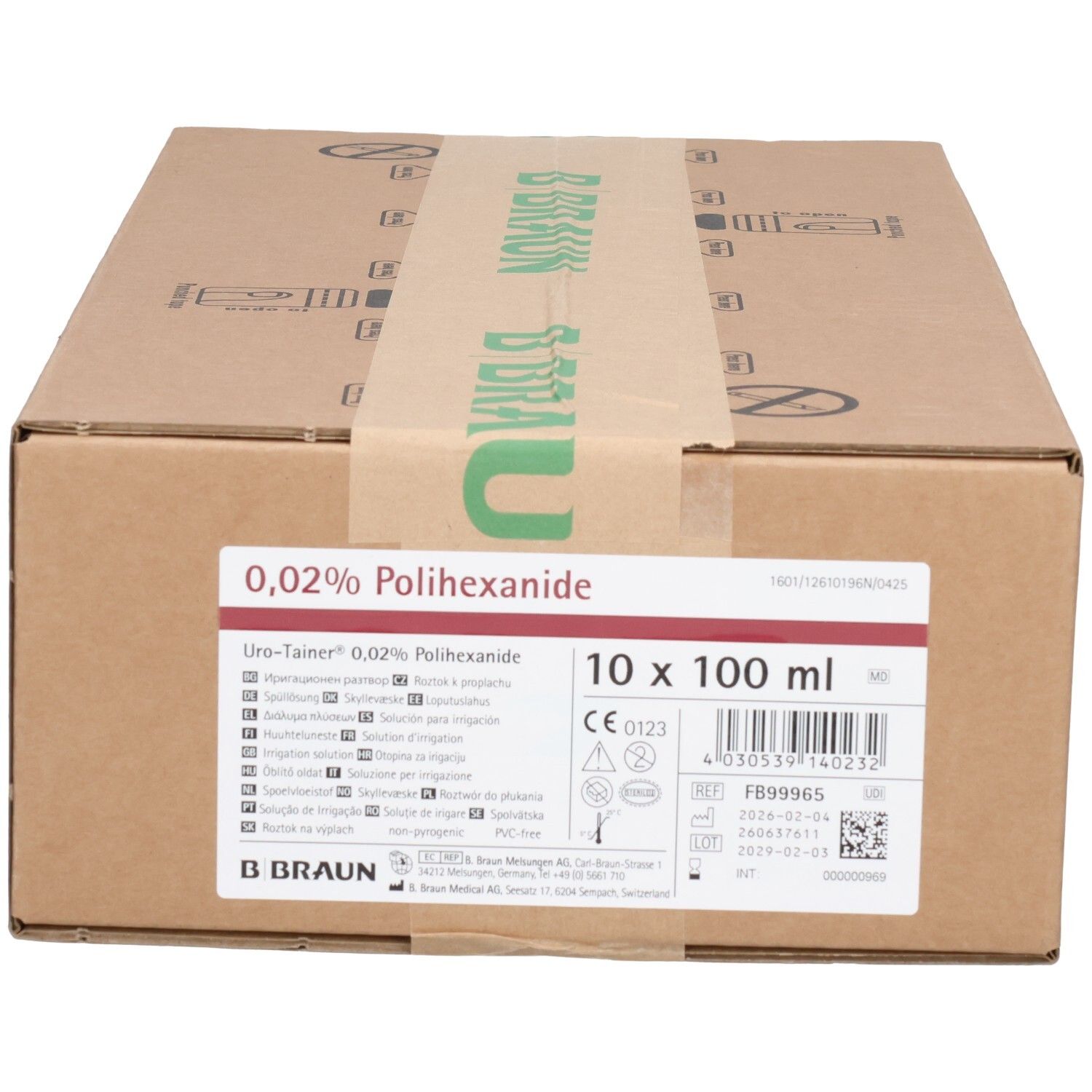 Karton mit Produktinformationen. Uro-Tainer 0,02% Polihexanid, 10 x 100 ml. B. Braun. Medizinprodukt.