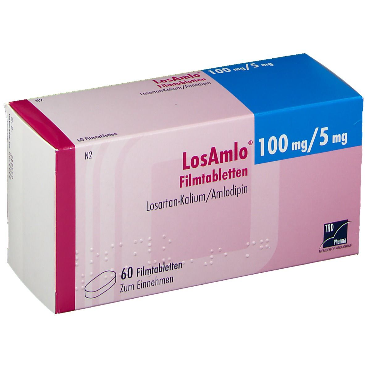 Verpackung von LosAmlo 100 mg/5 mg Filmtabletten. Rosa-weißes Design mit blauer Oberseite. Enthält 60 Tabletten. TRB Pharma Logo.