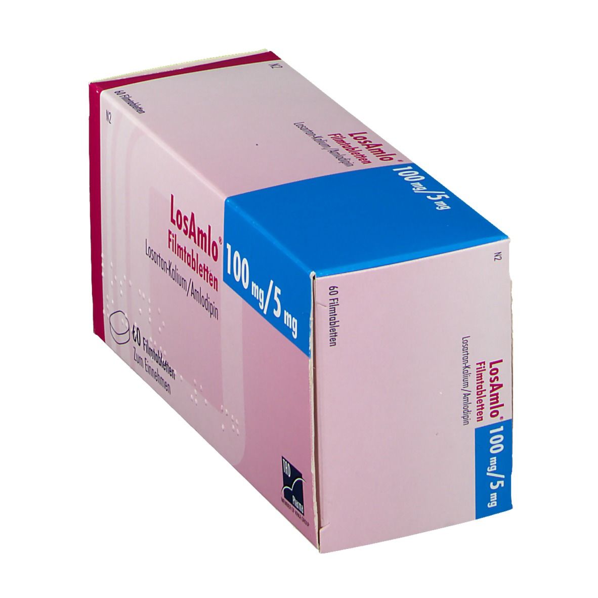 Schrägansicht der LosAmlo 100 mg/5 mg Verpackung. Rosa-weißes Design mit blauem Deckel. Enthält 60 Filmtabletten. TRB Pharma Logo.
