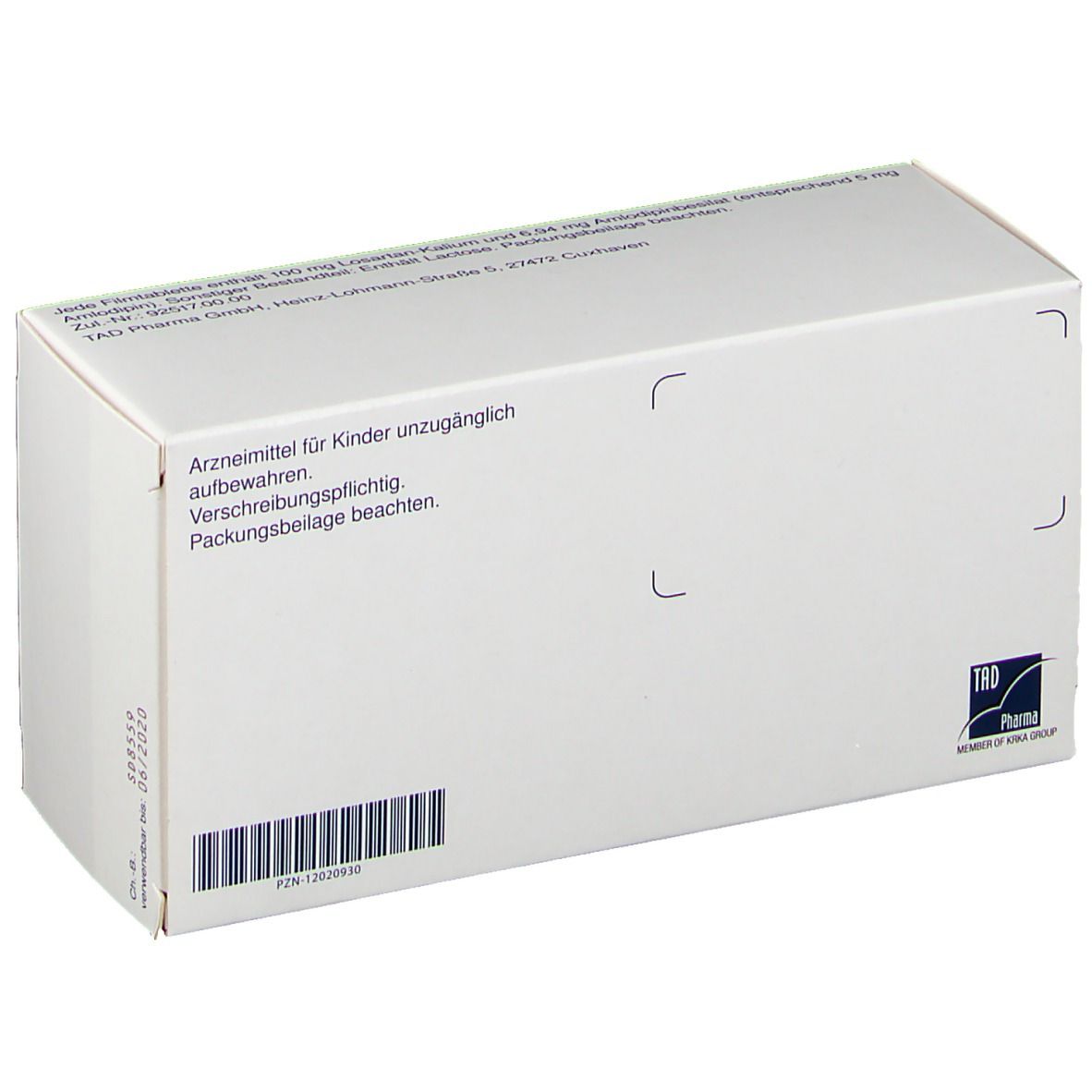 Rückseite der LosAmlo Verpackung. Weiß mit Text und Barcode. Enthält Informationen zur Aufbewahrung und Hersteller. TRB Pharma Logo.