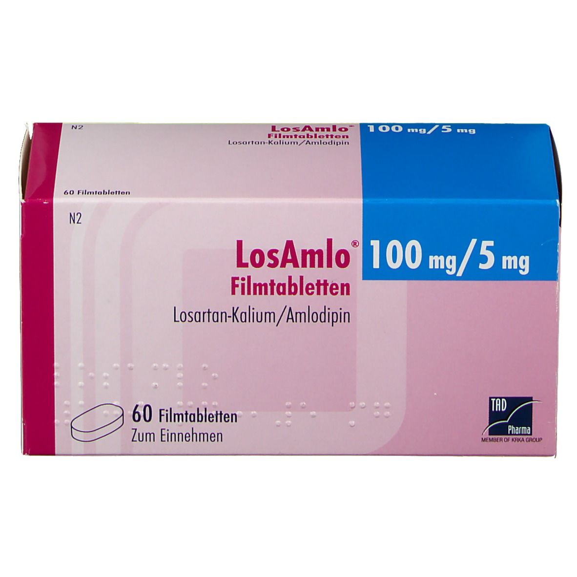 LosAmlo 100 mg/5 mg Verpackung. Rosa-weißes Design mit blauem Deckel. Enthält 60 Filmtabletten. TRB Pharma Logo. Losartan-Kalium/Amlodipin.