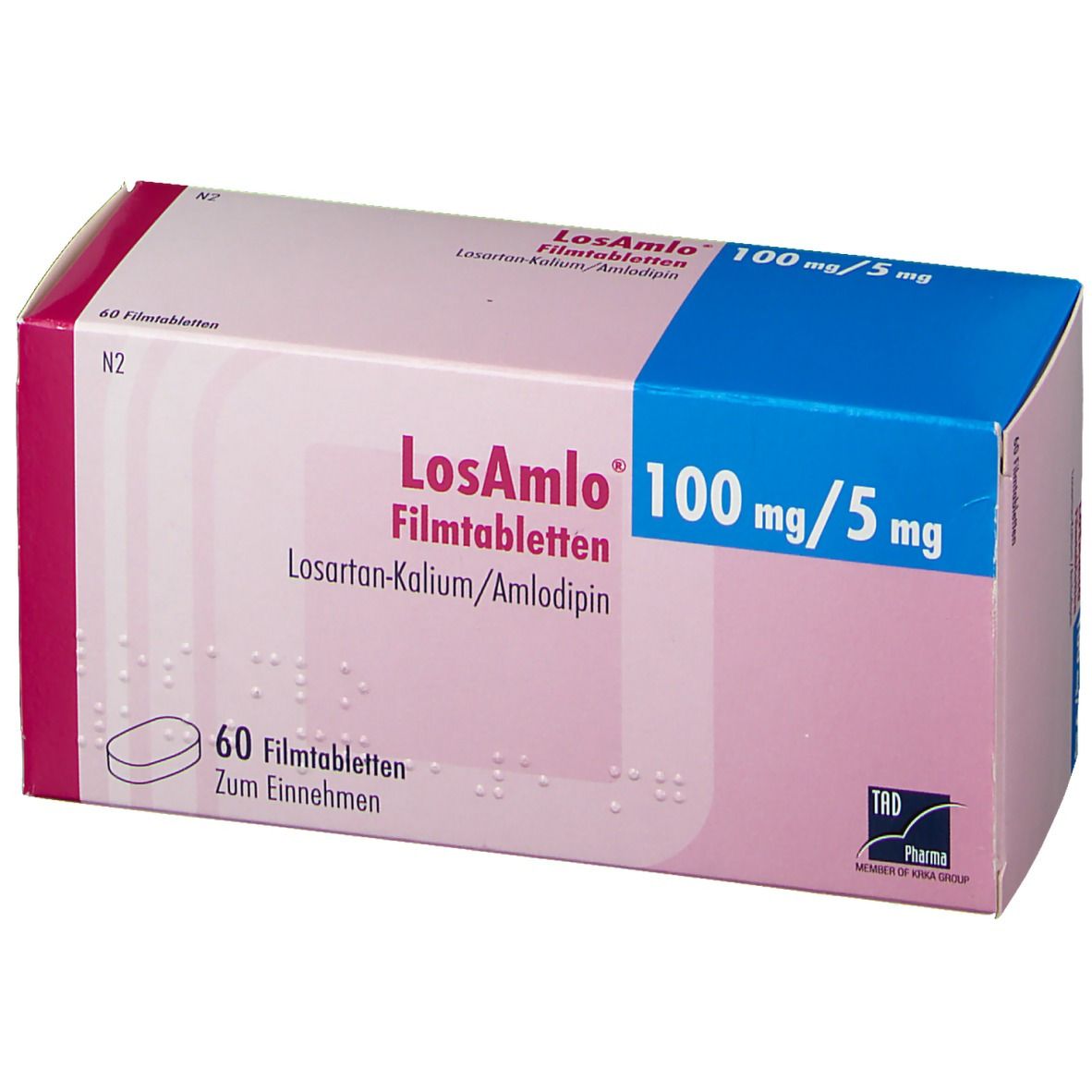 LosAmlo 100 mg/5 mg Verpackung. Rosa-weißes Design mit blauem Deckel. Enthält 60 Filmtabletten. TRB Pharma Logo. N2 Kennzeichnung.