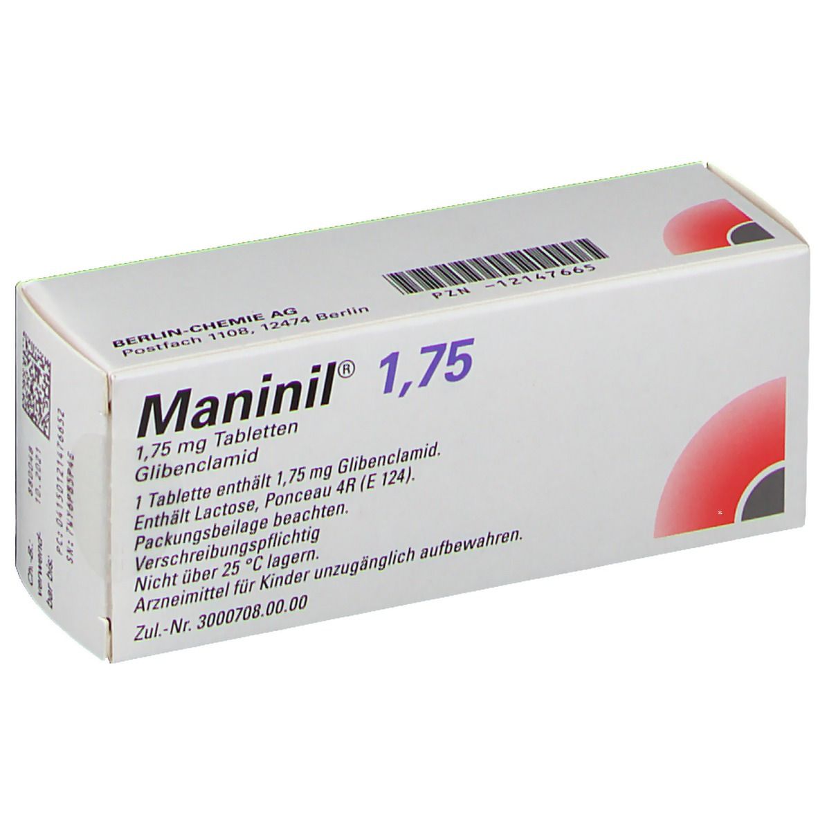 Weiße Schachtel Maninil® 1,75. Enthält 180 Tabletten. Marke Berlin-Chemie Menarini. Detailansicht.
