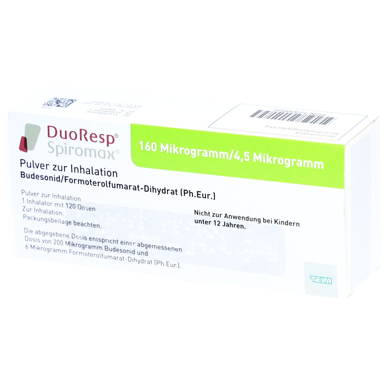 Weiß-grüne Schachtel mit "DuoResp Spiromax"-Logo und Produktinformationen. Enthält 160 Mikrogramm/4,5 Mikrogramm.