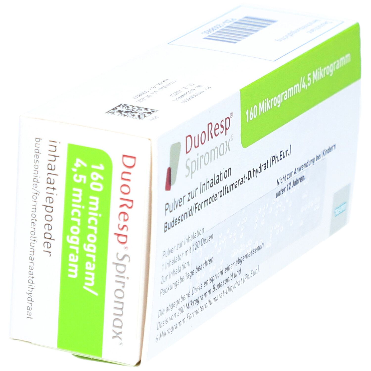 Weiß-grüne Schachtel, seitliche Ansicht. "DuoResp Spiromax" und Dosierungsangaben. Text in Deutsch und Niederländisch.