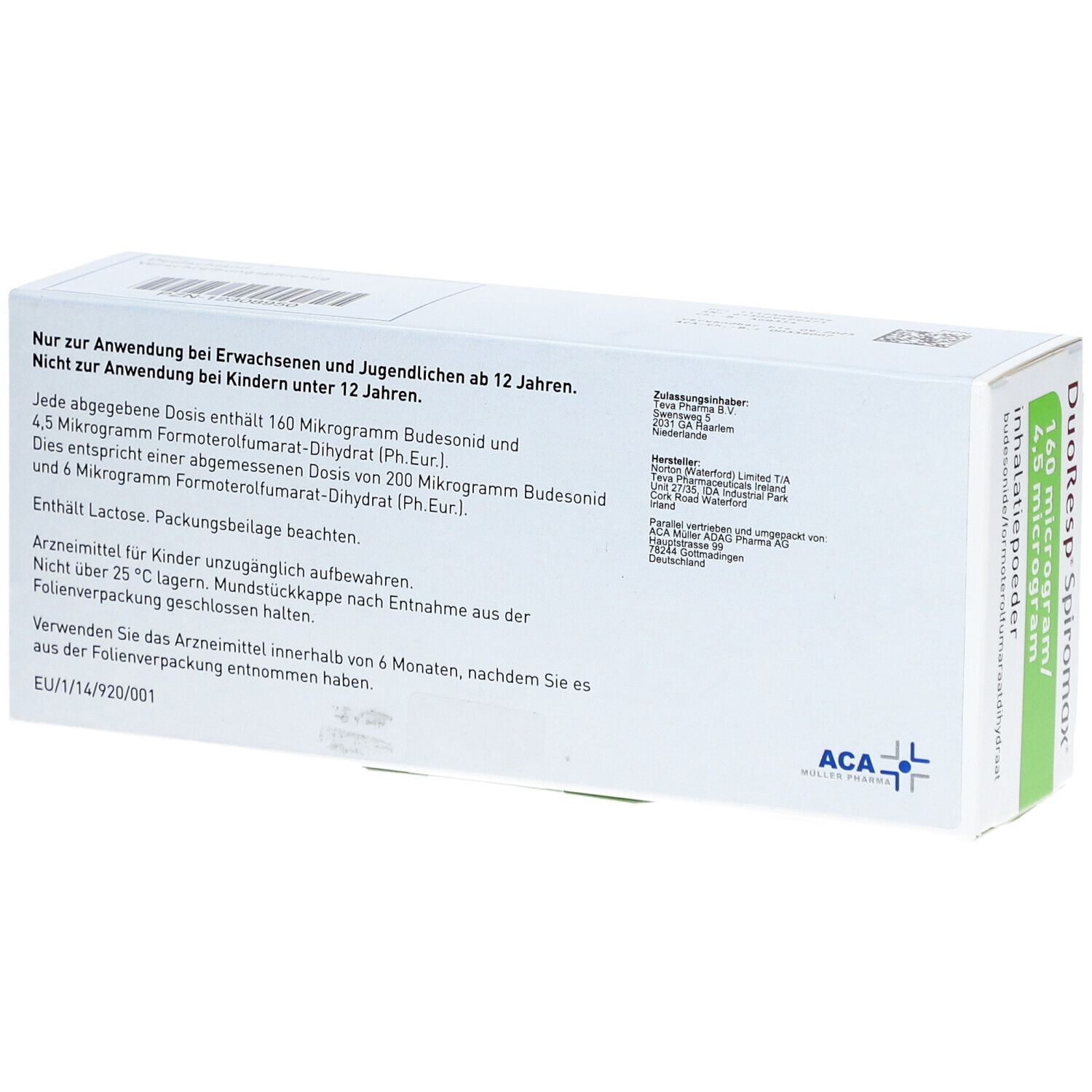Rückseite der weißen und grünen Schachtel. Textliche Produktinformationen, Herstelleradresse und ACA-Logo.