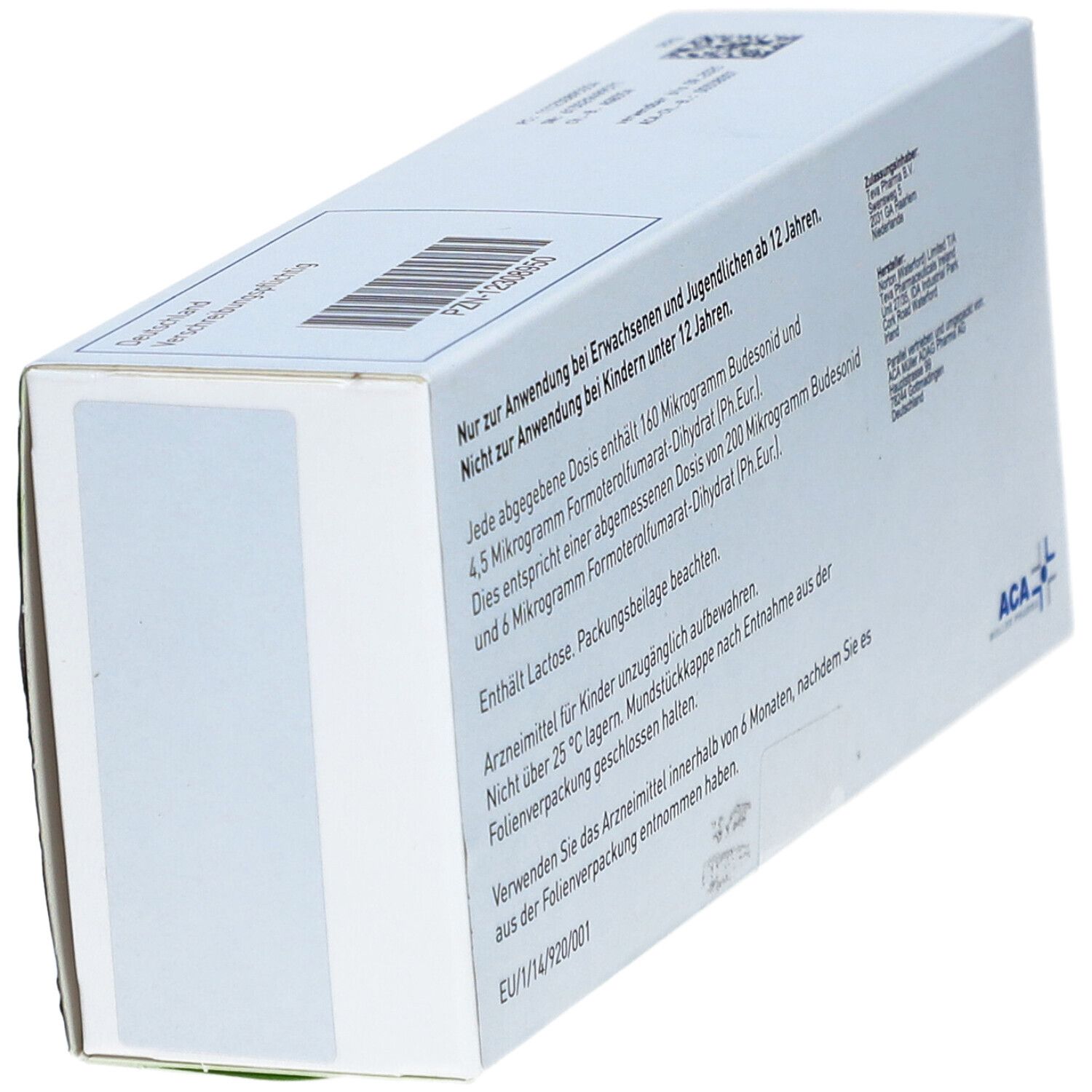 Schachtel in Schrägansicht. Weiße Oberfläche mit grünen Akzenten. Barcode und Produktinformationen.