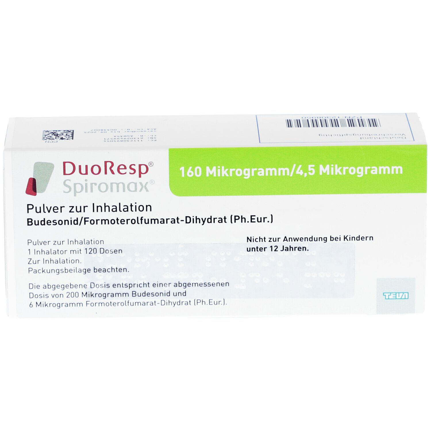 Weiß-grüne Schachtel mit "DuoResp Spiromax"-Logo und Produktinformationen. Enthält 160 Mikrogramm/4,5 Mikrogramm.