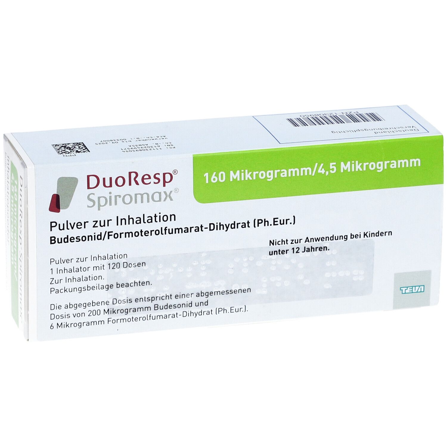 Weiß-grüne Schachtel mit "DuoResp Spiromax"-Logo und Produktinformationen. Enthält 160 Mikrogramm/4,5 Mikrogramm.
