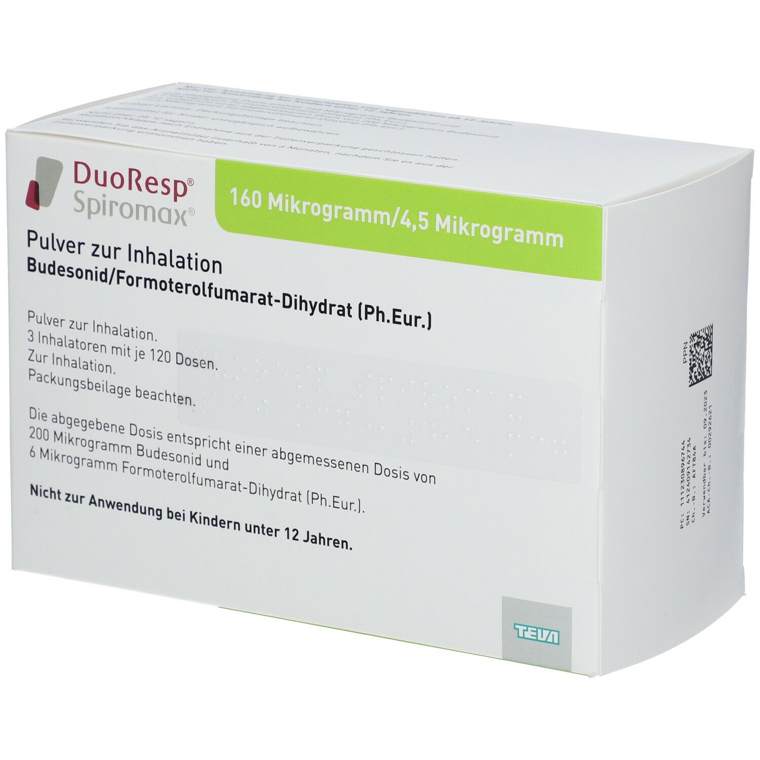 Weiße Verpackung mit grünen und roten Akzenten. Aufschrift: DuoResp Spiromax, 160 Mikrogramm/4,5 Mikrogramm. Enthält 3 Inhalatoren.