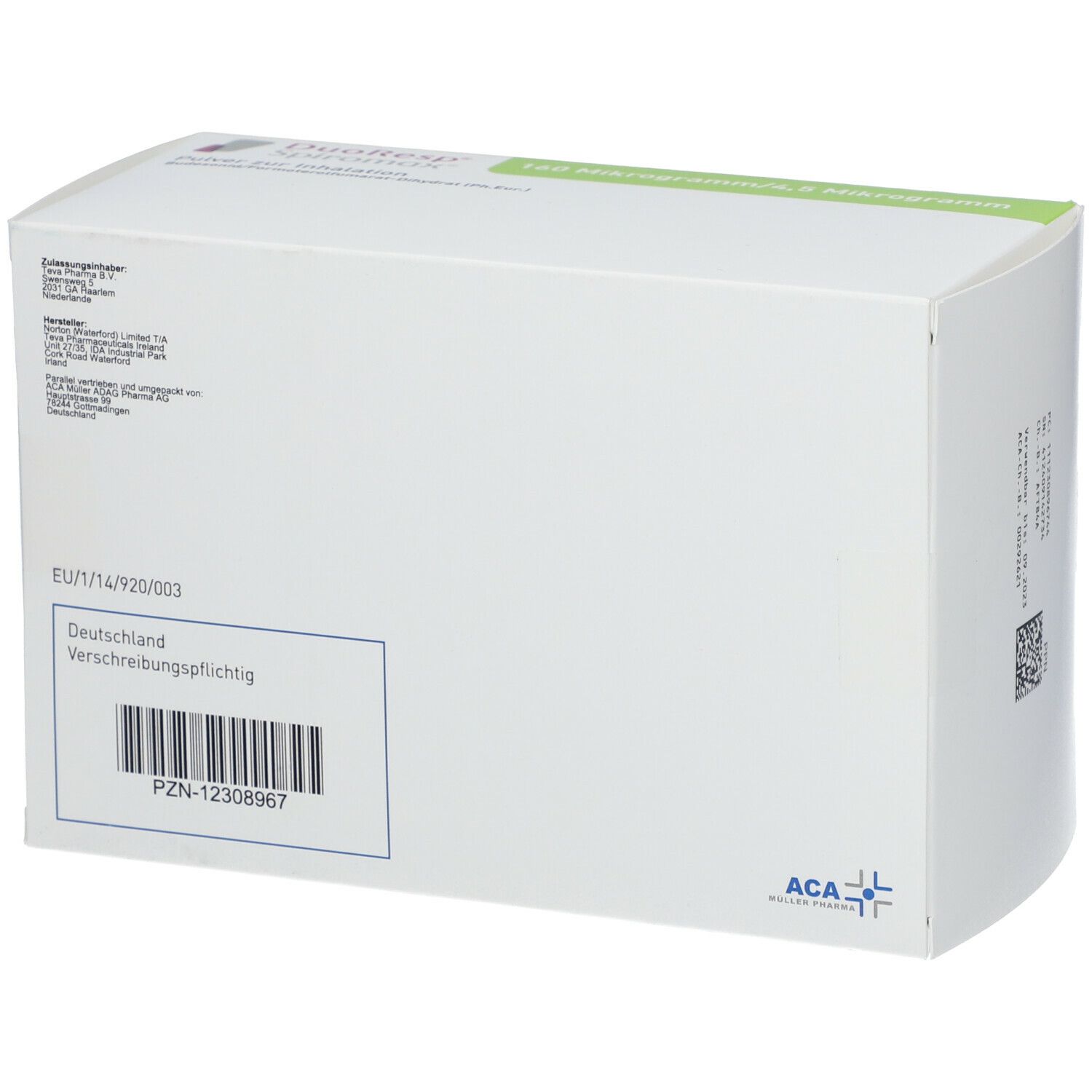 Rückseite der weißen Verpackung. Text: EU/1/14/920/003, Deutschland, Verschreibungspflichtig. PZN-12308967. ACA-Logo.