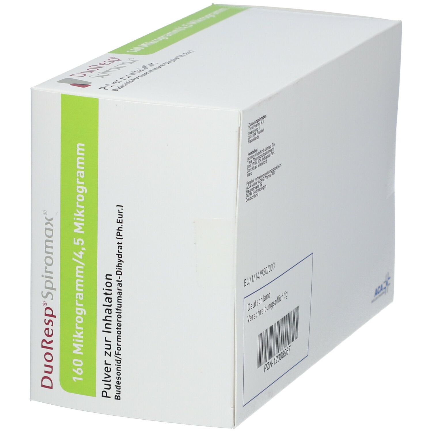 Weiße Verpackung, DuoResp Spiromax, 160 Mikrogramm/4,5 Mikrogramm. Text: Pulver zur Inhalation. EU-Nummer und PZN-Code.