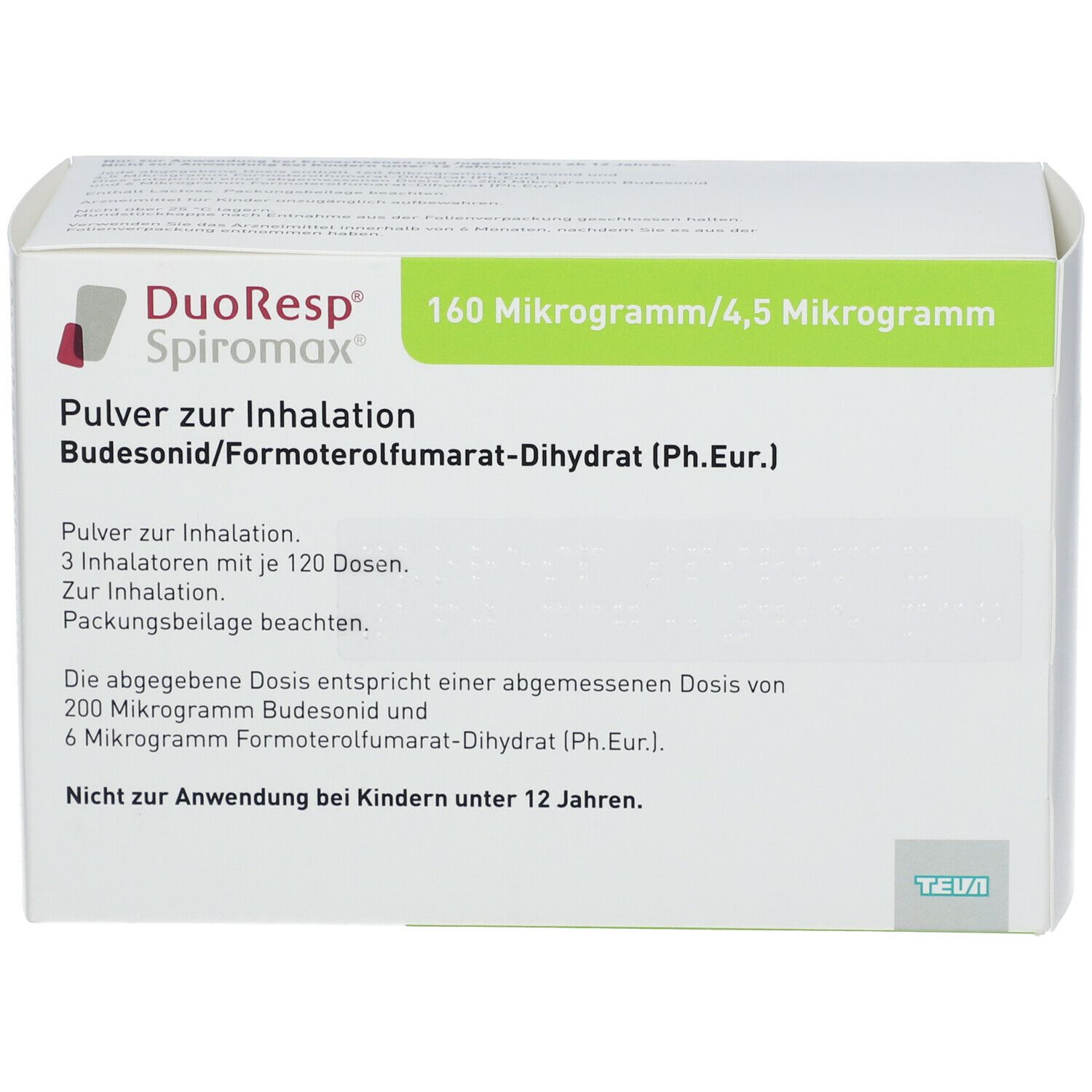 Weiße Verpackung, DuoResp Spiromax, 160 Mikrogramm/4,5 Mikrogramm. Text: Pulver zur Inhalation. Teva Logo. Enthält 3 Inhalatoren.