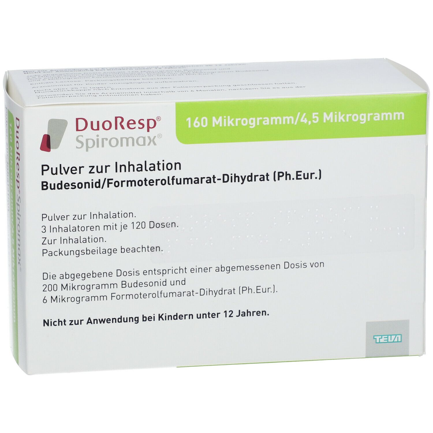 Weiße Verpackung, DuoResp Spiromax, 160 Mikrogramm/4,5 Mikrogramm. Text: Pulver zur Inhalation. Teva Logo. 3 Inhalatoren.