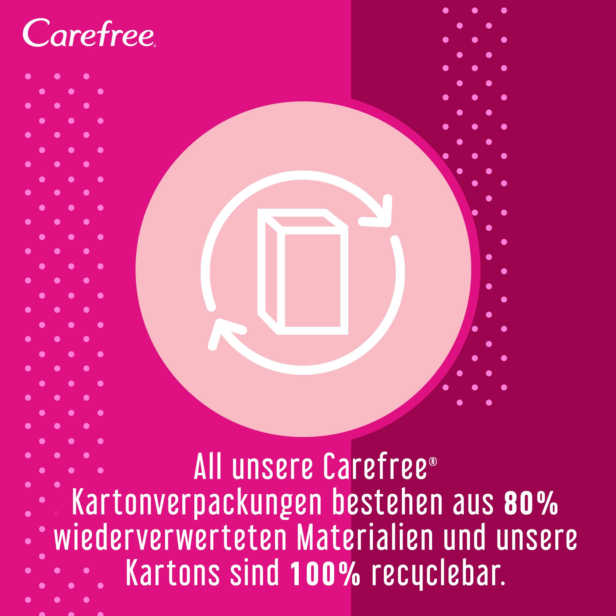 Kreisförmige Grafik mit Text: Alle Carefree Kartonverpackungen bestehen aus 80% recyceltem Material.