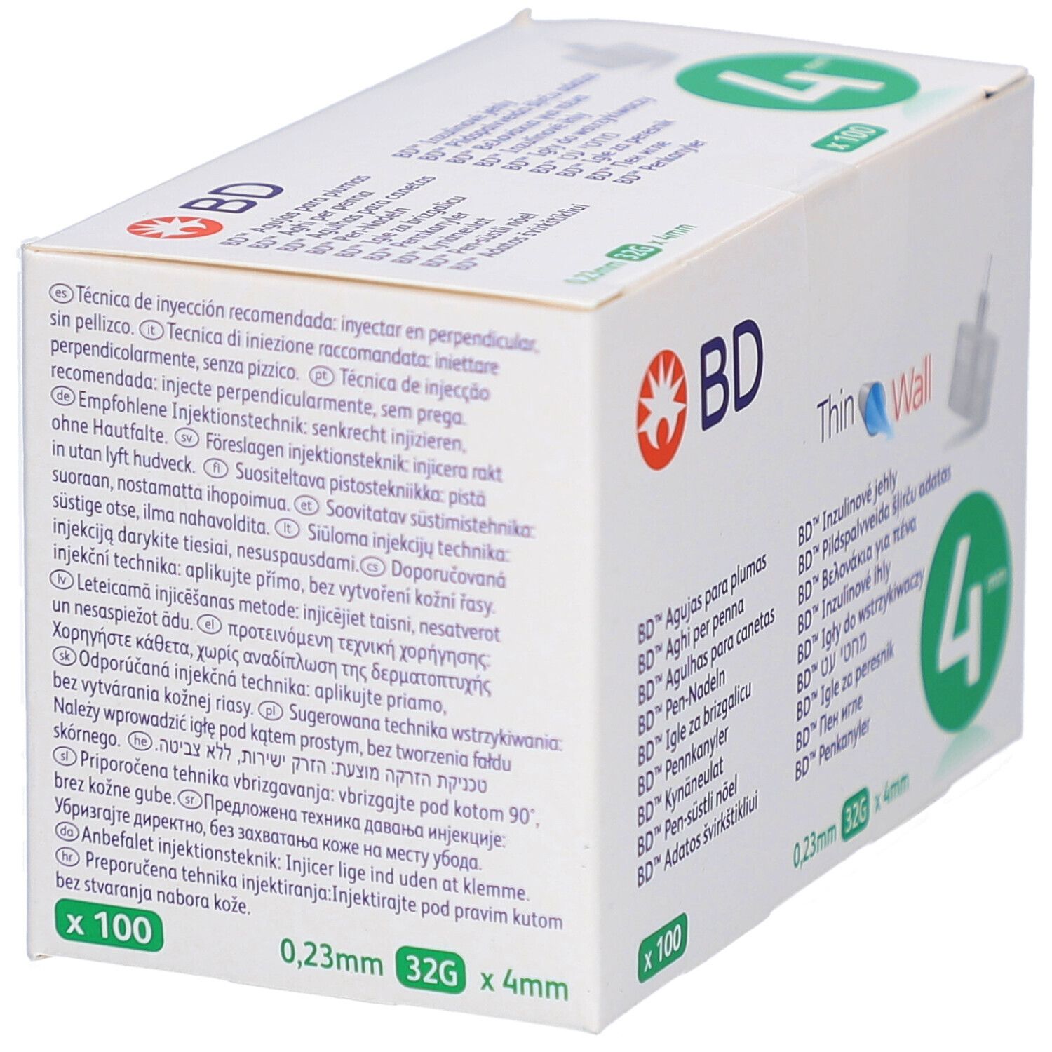 Schachtel mit BD Thin Wall Pen-Nadeln. Aufschrift: 4 mm, 0,23 mm 32G x 4 mm. Logo: BD. Enthält 100 Nadeln. Text über Injektionstechnik.