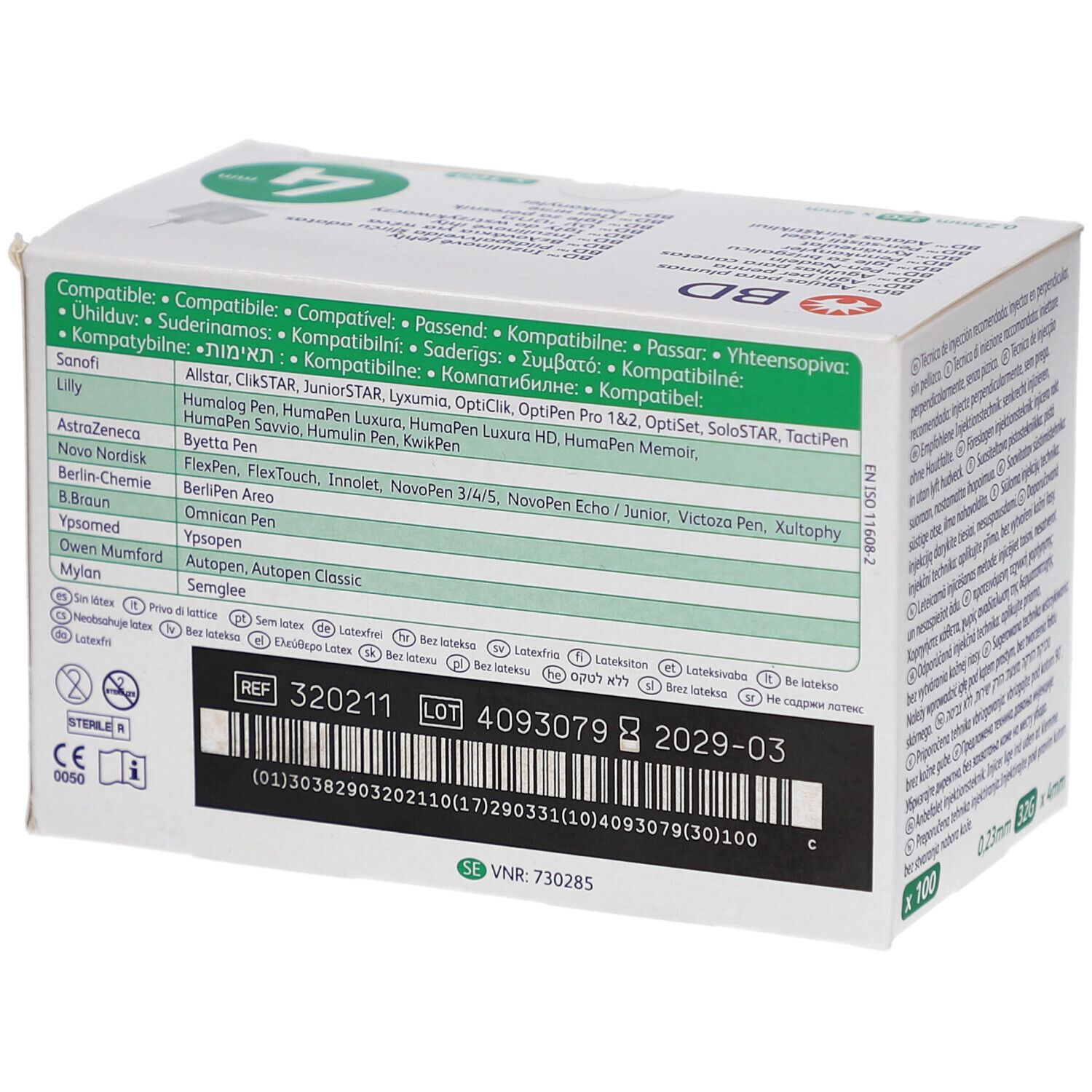 Rückseite der Schachtel mit BD Pen-Nadeln. Kompatibilitätsliste für Pen-Modelle. Referenznummer, Chargennummer und Verfallsdatum.