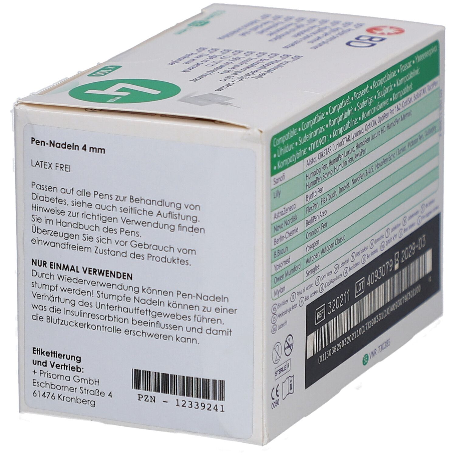 Rückseite der Schachtel mit BD Pen-Nadeln. Text: Pen-Nadeln 4 mm, latex frei. Hinweise zur Anwendung und Warnhinweise.