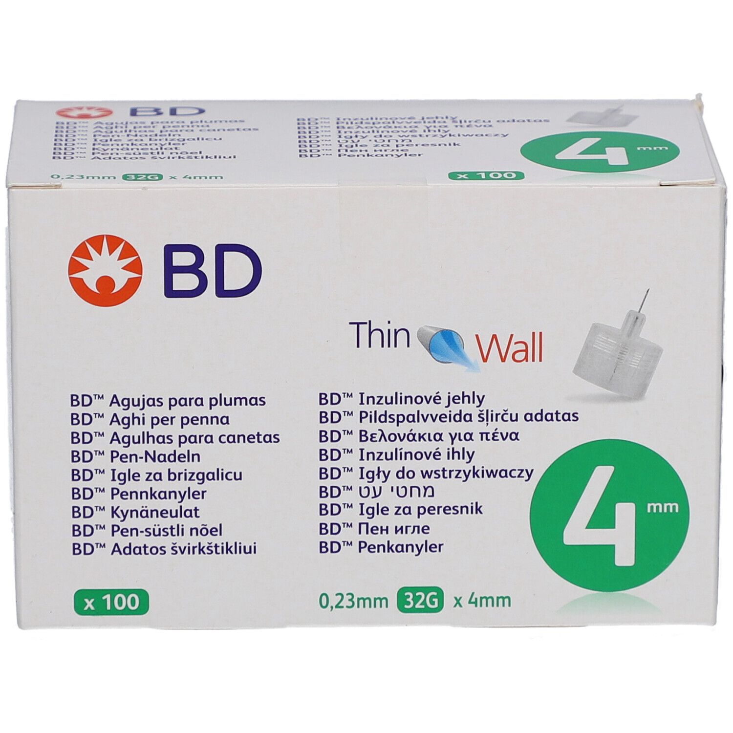 Schachtel mit BD Thin Wall Pen-Nadeln. Aufschrift: 4 mm, 0,23 mm 32G x 4 mm. Logo: BD. Enthält 100 Nadeln.