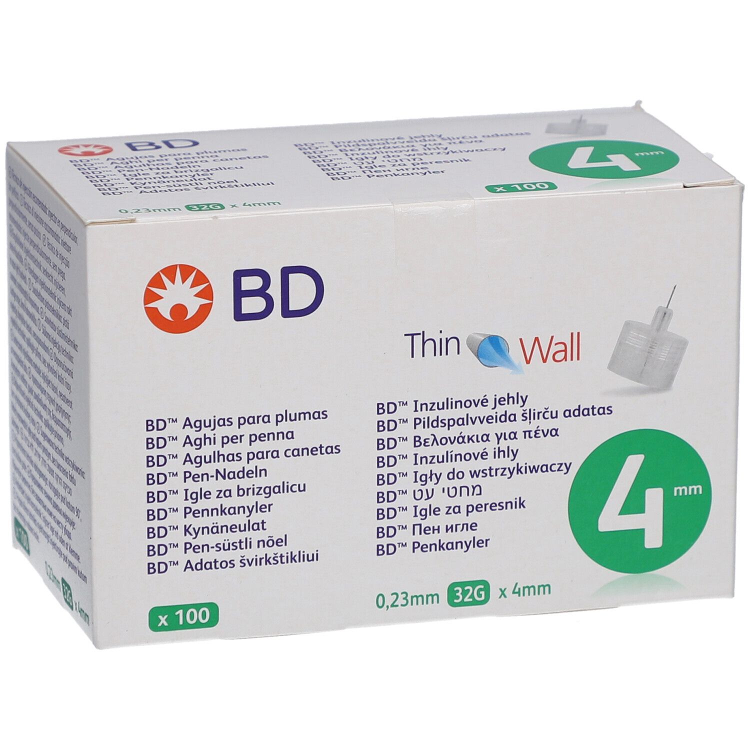 Schachtel mit BD Thin Wall Pen-Nadeln. Aufschrift: 4 mm, 0,23 mm 32G x 4 mm. Logo: BD. Enthält 100 Nadeln.