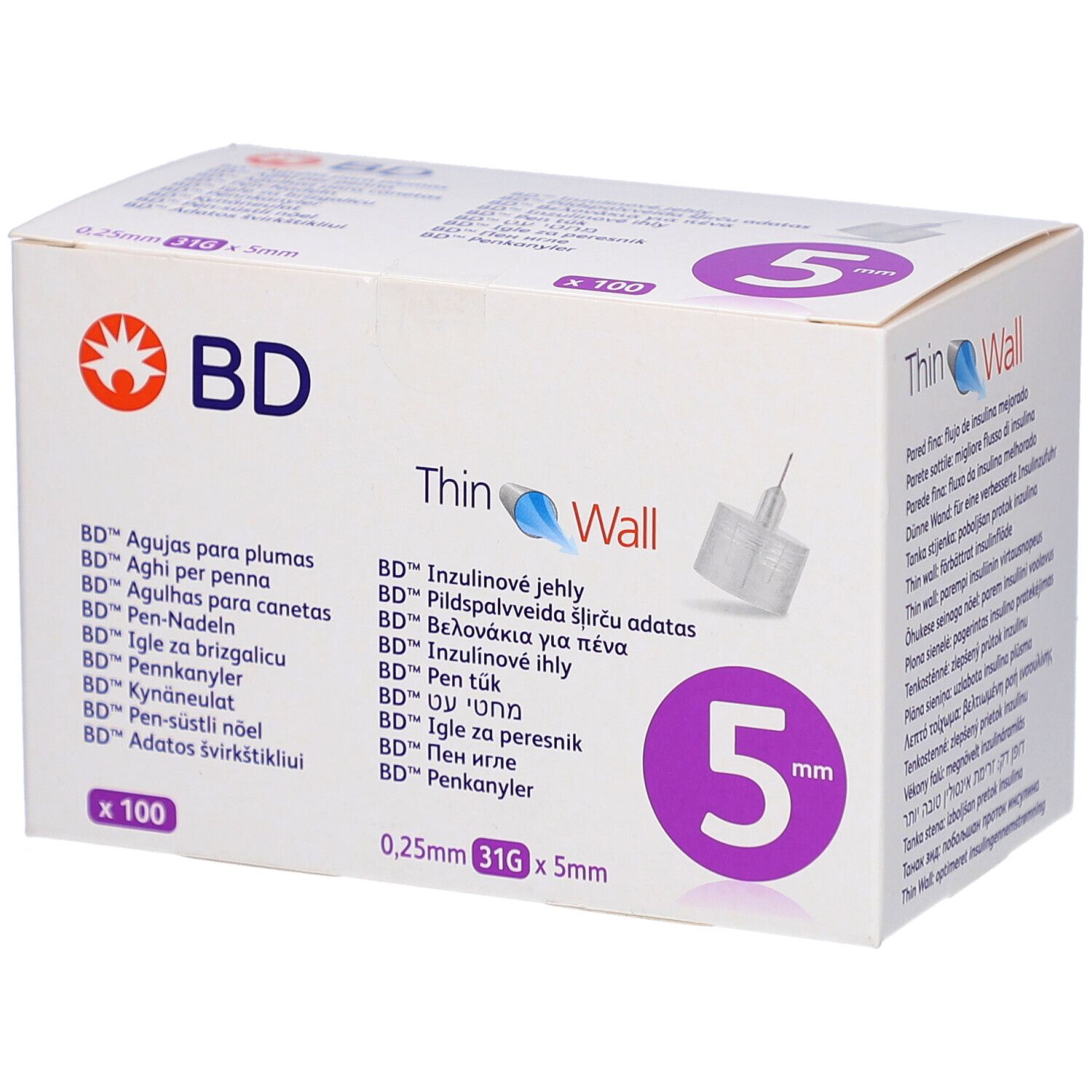 Verpackung von BD Pen-Nadeln. Enthält 100 Nadeln. Aufdruck: 5 mm, 31G x 0,25 mm. Marke BD, Thin Wall.