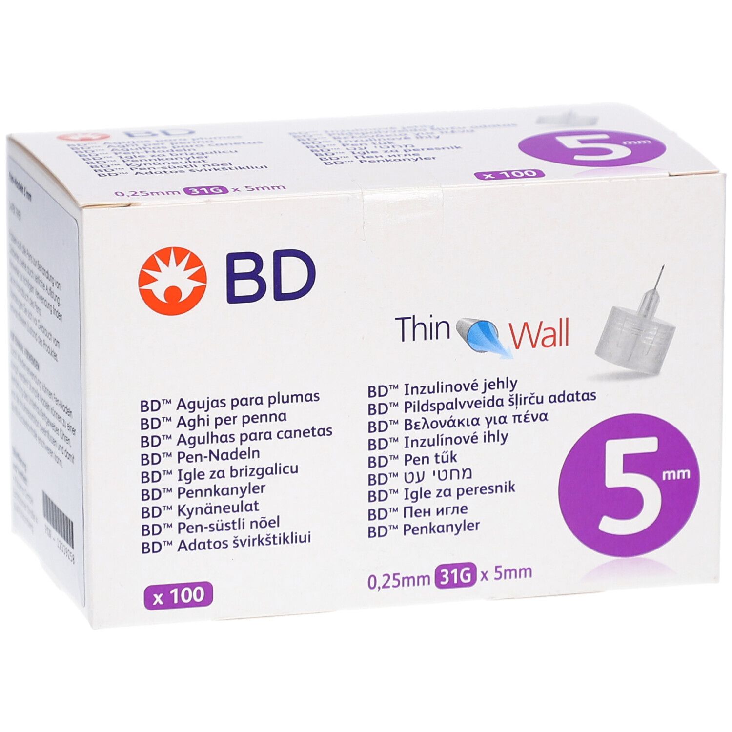 Verpackung von BD Pen-Nadeln. Enthält 100 Nadeln. Aufdruck: 5 mm, 31G x 0,25 mm. Marke BD, Thin Wall.