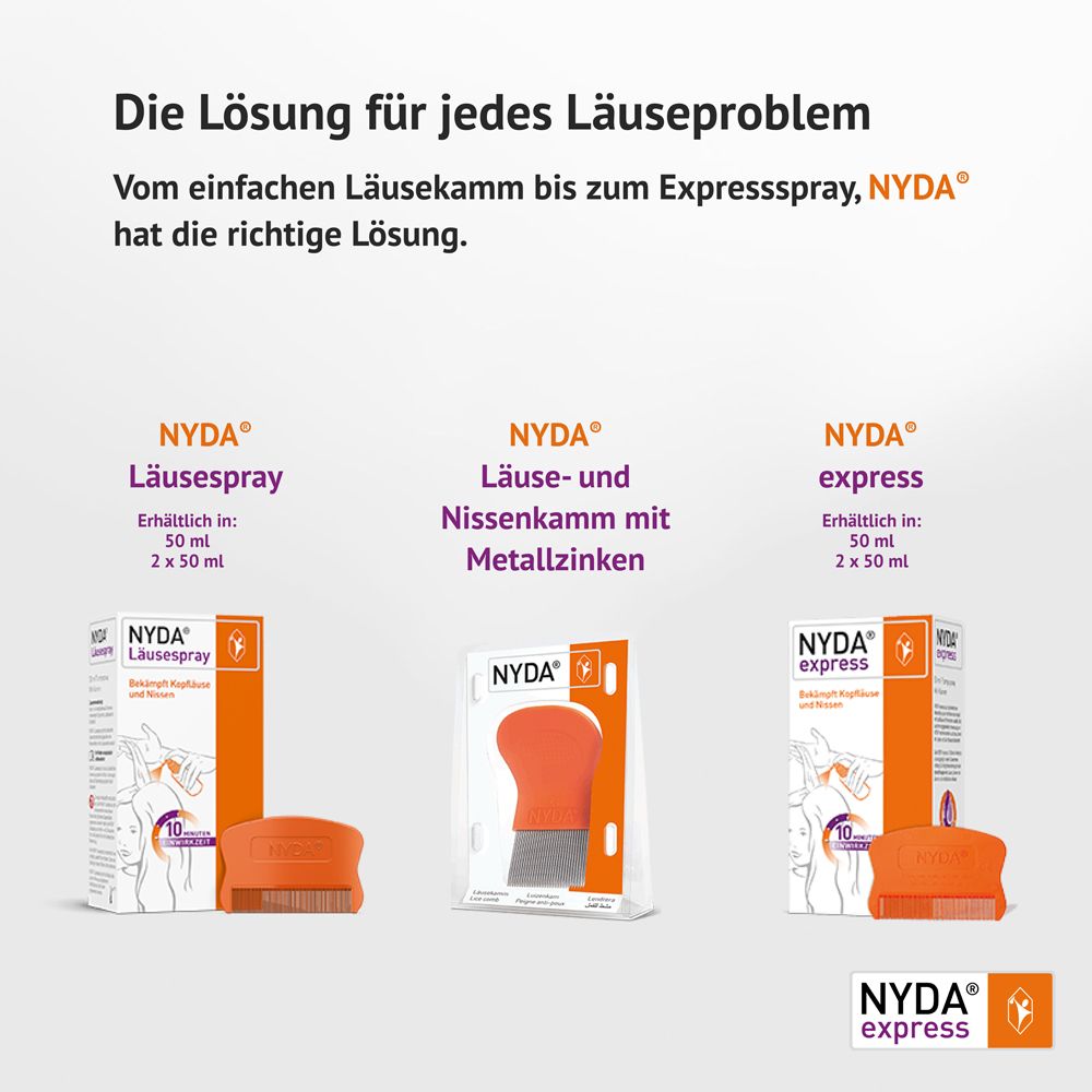 NYDA® Sortiment: Läusespray, Läusekamm mit Metallzinken und NYDA® express.