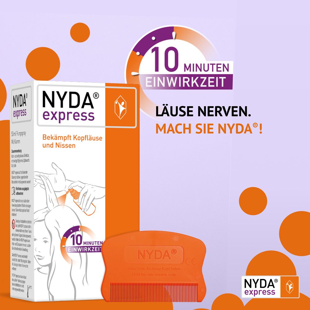 NYDA® express Spray und Läusekamm. Bekämpft Kopfläuse und Nissen in 10 Minuten.