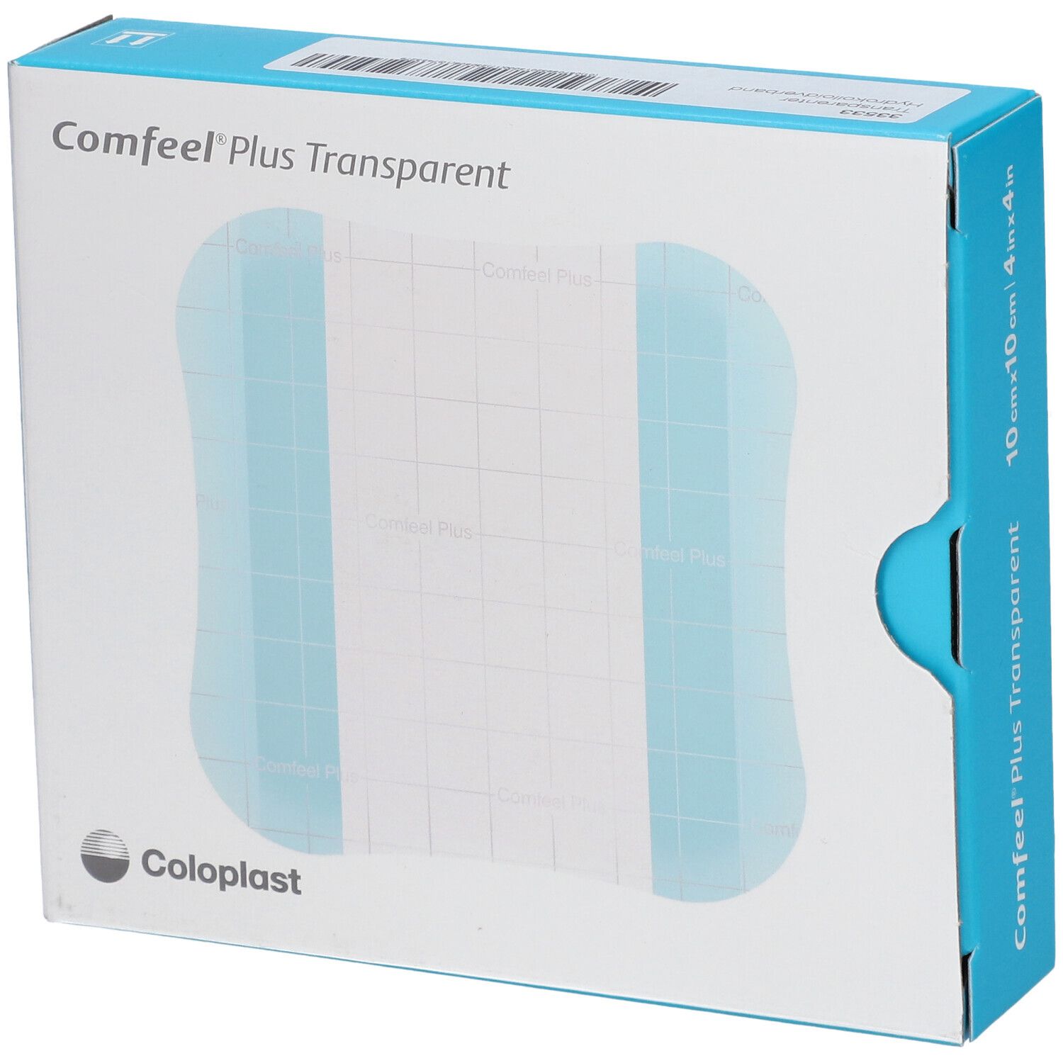 Verpackung Comfeel Plus Transparent Hydrokolloidverband, 10x10 cm. Coloplast Logo.
