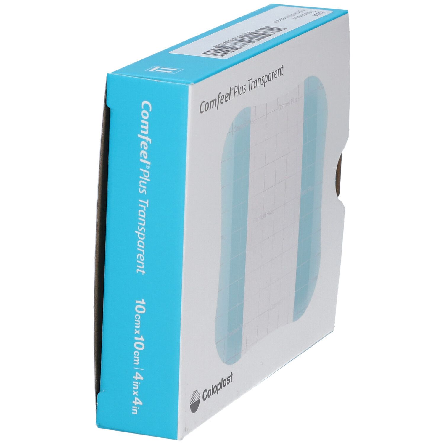 Seitenansicht der Verpackung Comfeel Plus Transparent Hydrokolloidverband, 10x10 cm.