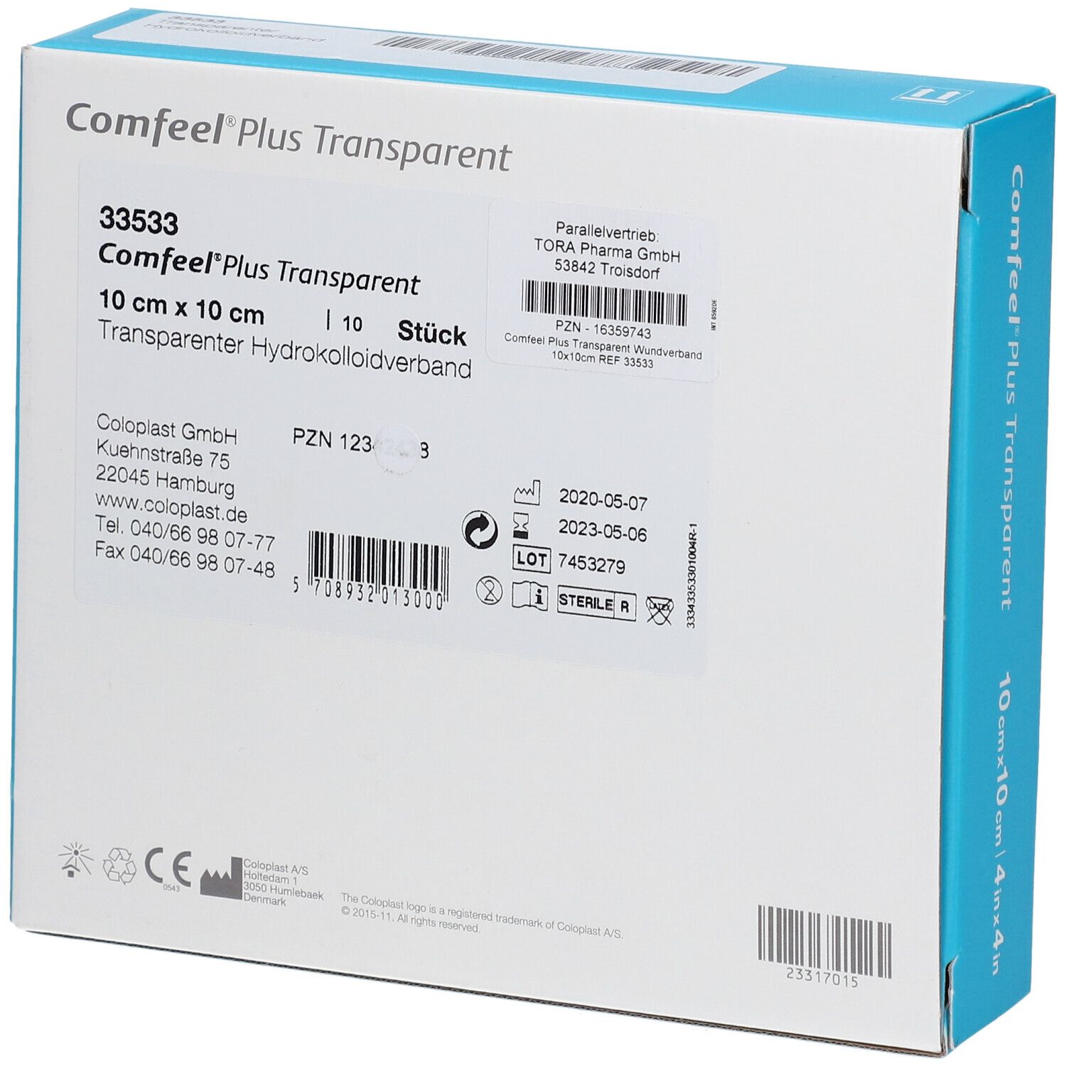 Rückseite der Verpackung Comfeel Plus Transparent Hydrokolloidverband. Enthält Produktinfo, Chargennummer, CE-Zeichen.