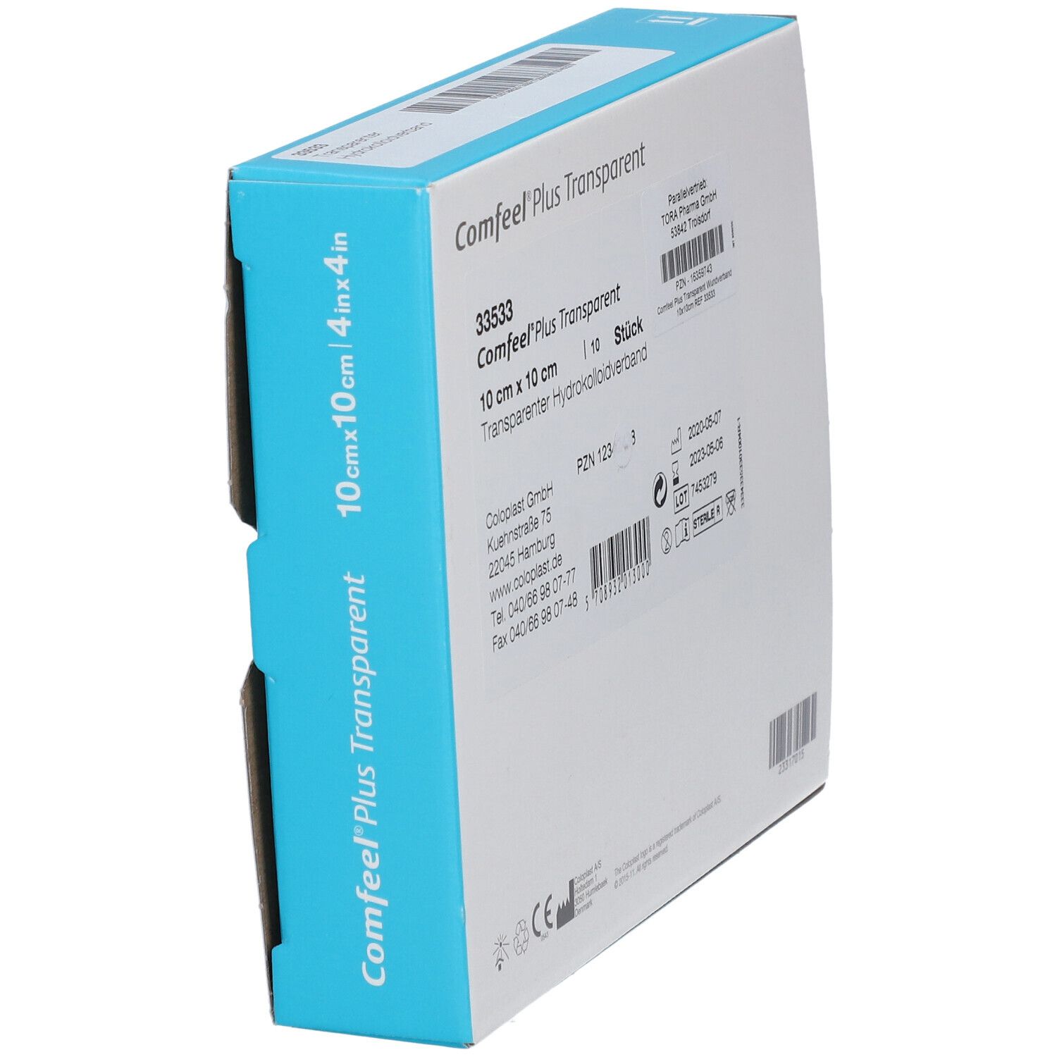 Seitenansicht der Verpackung Comfeel Plus Transparent Hydrokolloidverband, 10x10 cm.