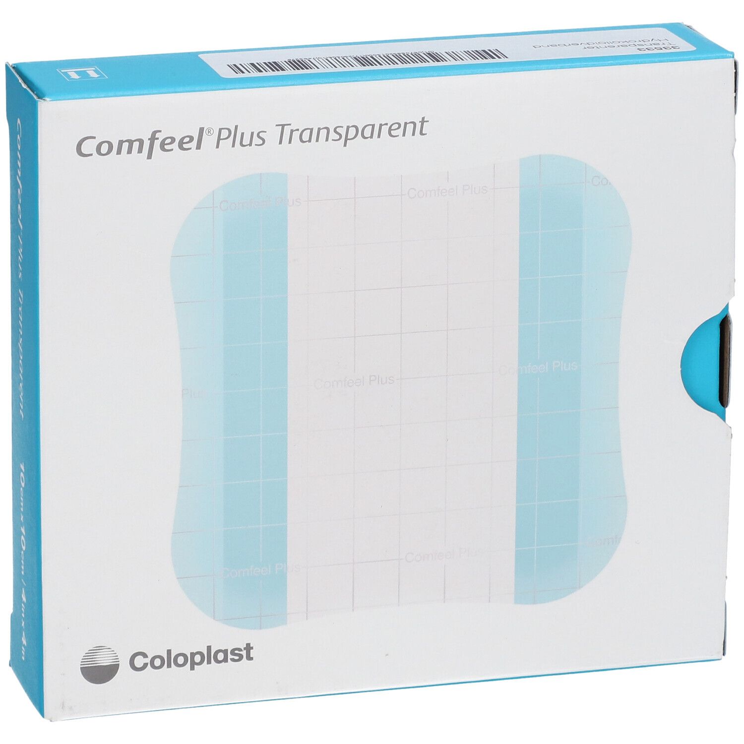 Verpackung Comfeel Plus Transparent Hydrokolloidverband, 10x10 cm. Coloplast Logo.