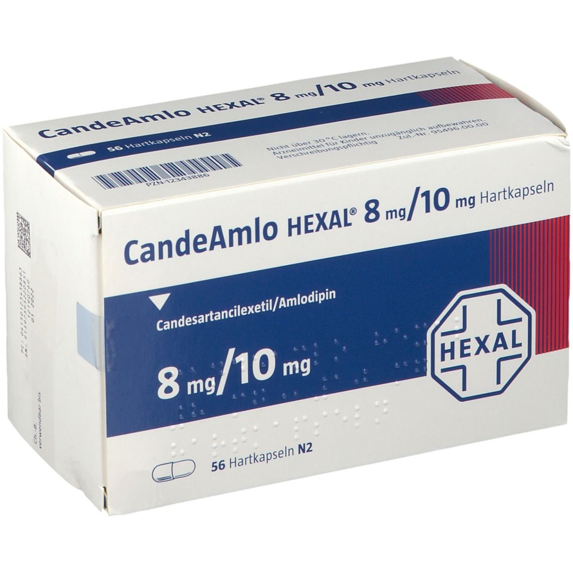 Weiße Schachtel mit Aufschrift CandeAmlo HEXAL 8 mg/10 mg Hartkapseln. Enthält 56 Hartkapseln. Logo von HEXAL.