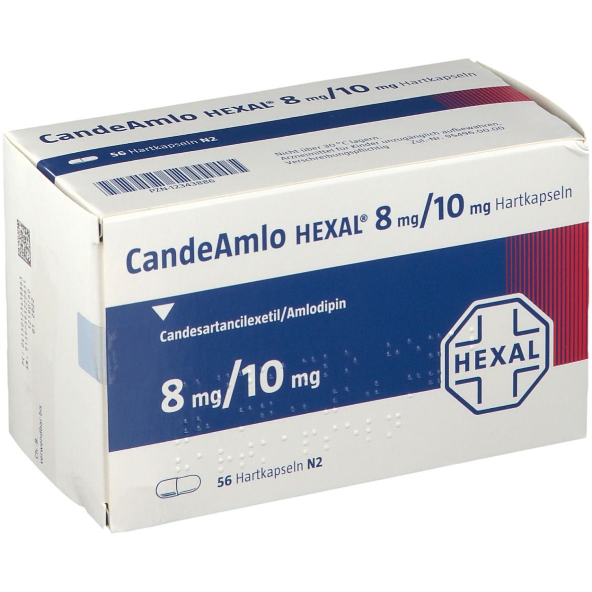 Weiße Schachtel mit Aufschrift CandeAmlo HEXAL 8 mg/10 mg Hartkapseln. Enthält 56 Hartkapseln. Logo von HEXAL.
