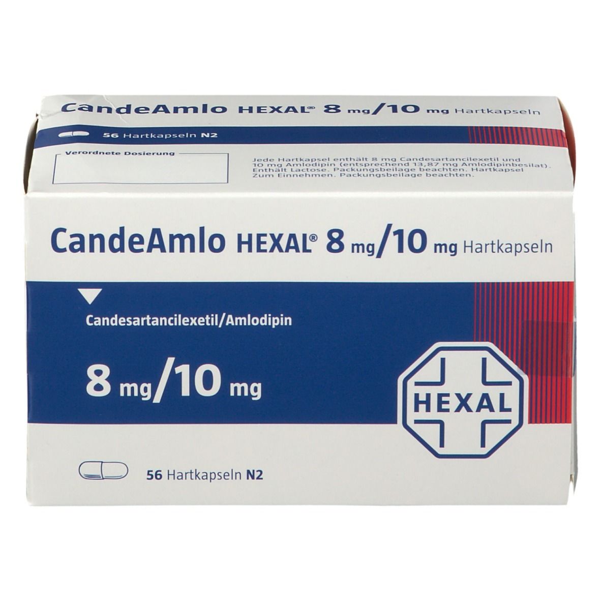 Weiße Schachtel mit Aufschrift CandeAmlo HEXAL 8 mg/10 mg Hartkapseln. Enthält 56 Hartkapseln. Logo von HEXAL.