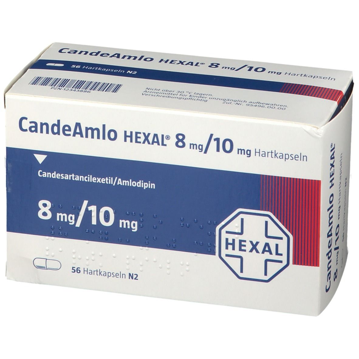 Weiße Schachtel mit Aufschrift CandeAmlo HEXAL 8 mg/10 mg Hartkapseln. Enthält 56 Hartkapseln. Logo von HEXAL.