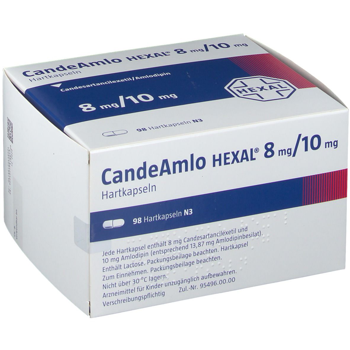 Karton Candeamlo HEXAL 8 mg/10 mg Hartkapseln. Weiße Schachtel mit blauen und roten Akzenten. HEXAL-Logo.