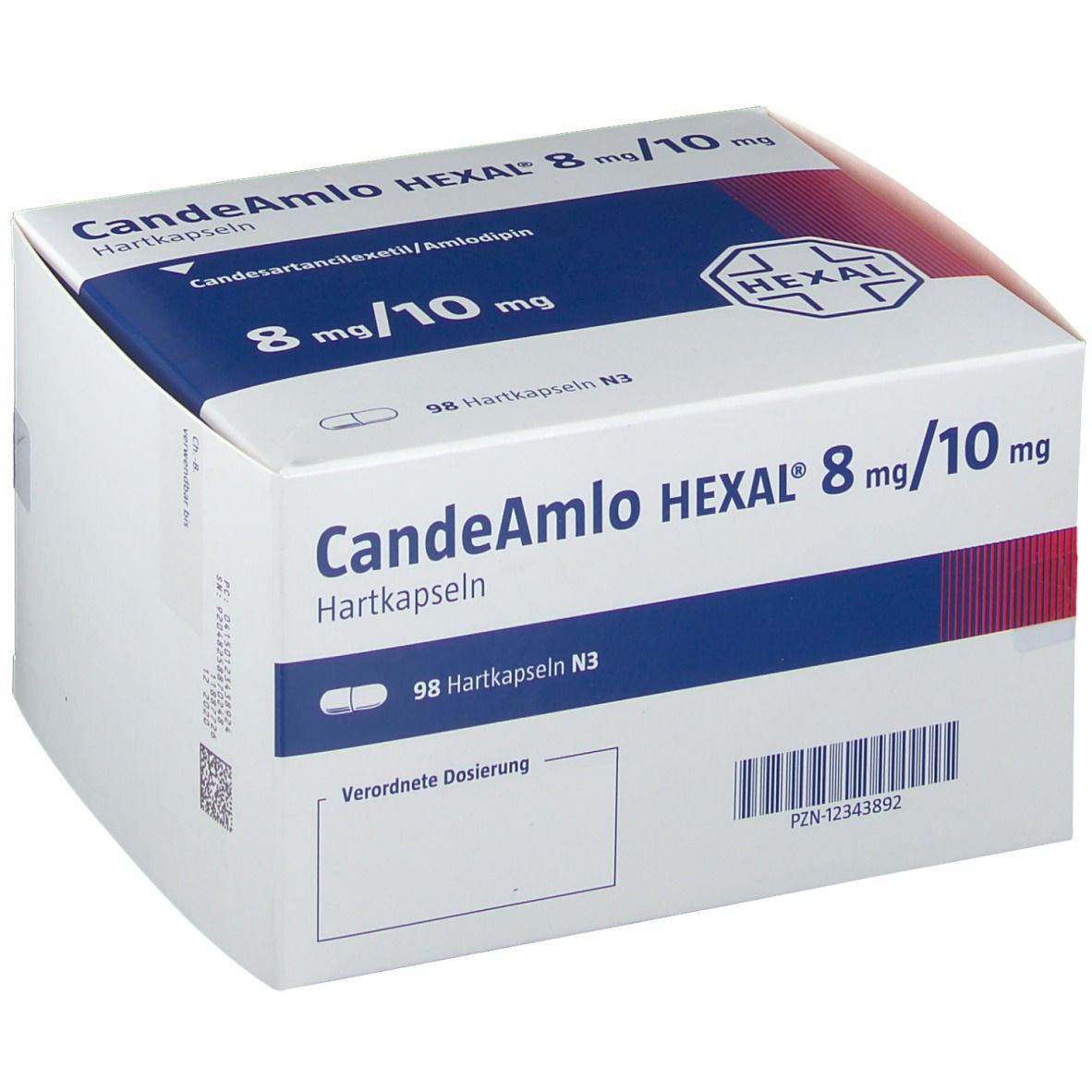 Karton Candeamlo HEXAL 8 mg/10 mg Hartkapseln. Weiße Schachtel mit blauen und roten Akzenten. HEXAL-Logo.