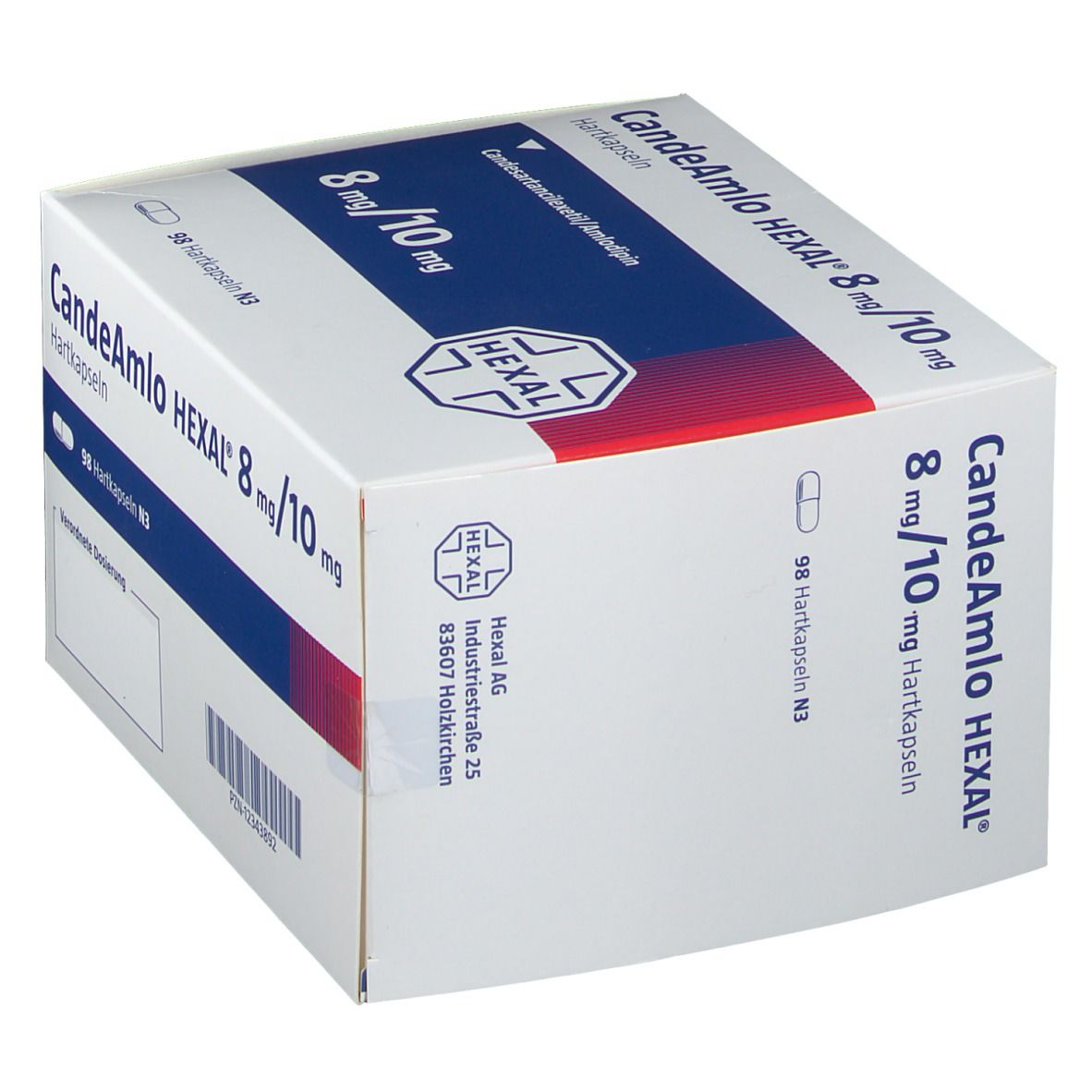 Karton Candeamlo HEXAL 8 mg/10 mg Hartkapseln. Weiße Schachtel mit blauen und roten Akzenten. HEXAL-Logo.
