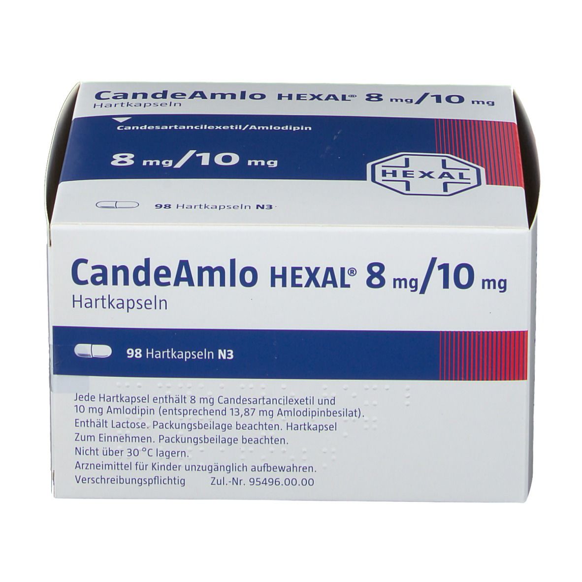 Karton Candeamlo HEXAL 8 mg/10 mg Hartkapseln. Weiße Schachtel mit blauen und roten Akzenten. HEXAL-Logo.